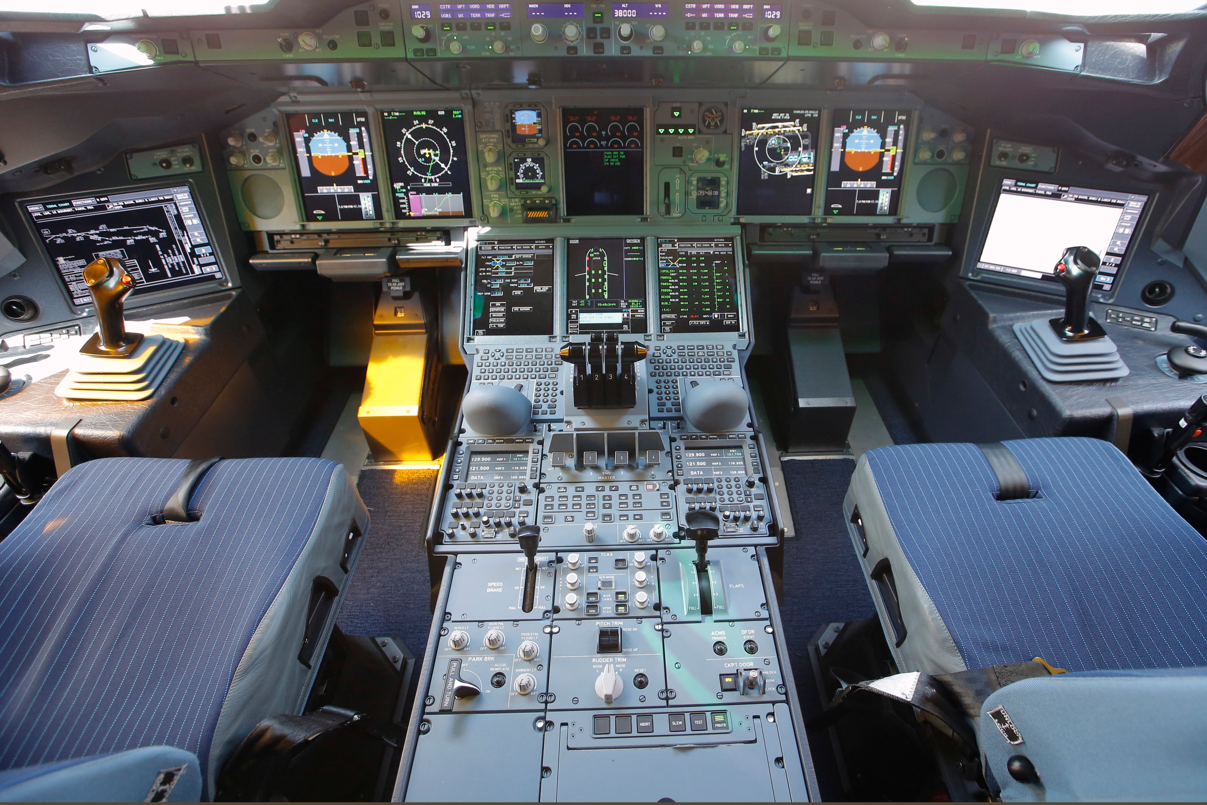 Interior view of the cockpit of the Airbus A380 of Qatar Airways presented at the Paris Air Show, in Le Bourget airport, north of Paris, Wednesday, June 17, 2015. Qatar Airways has brought 4 Airbus A380's in service since last year. (AP Photo/Francois Mori)