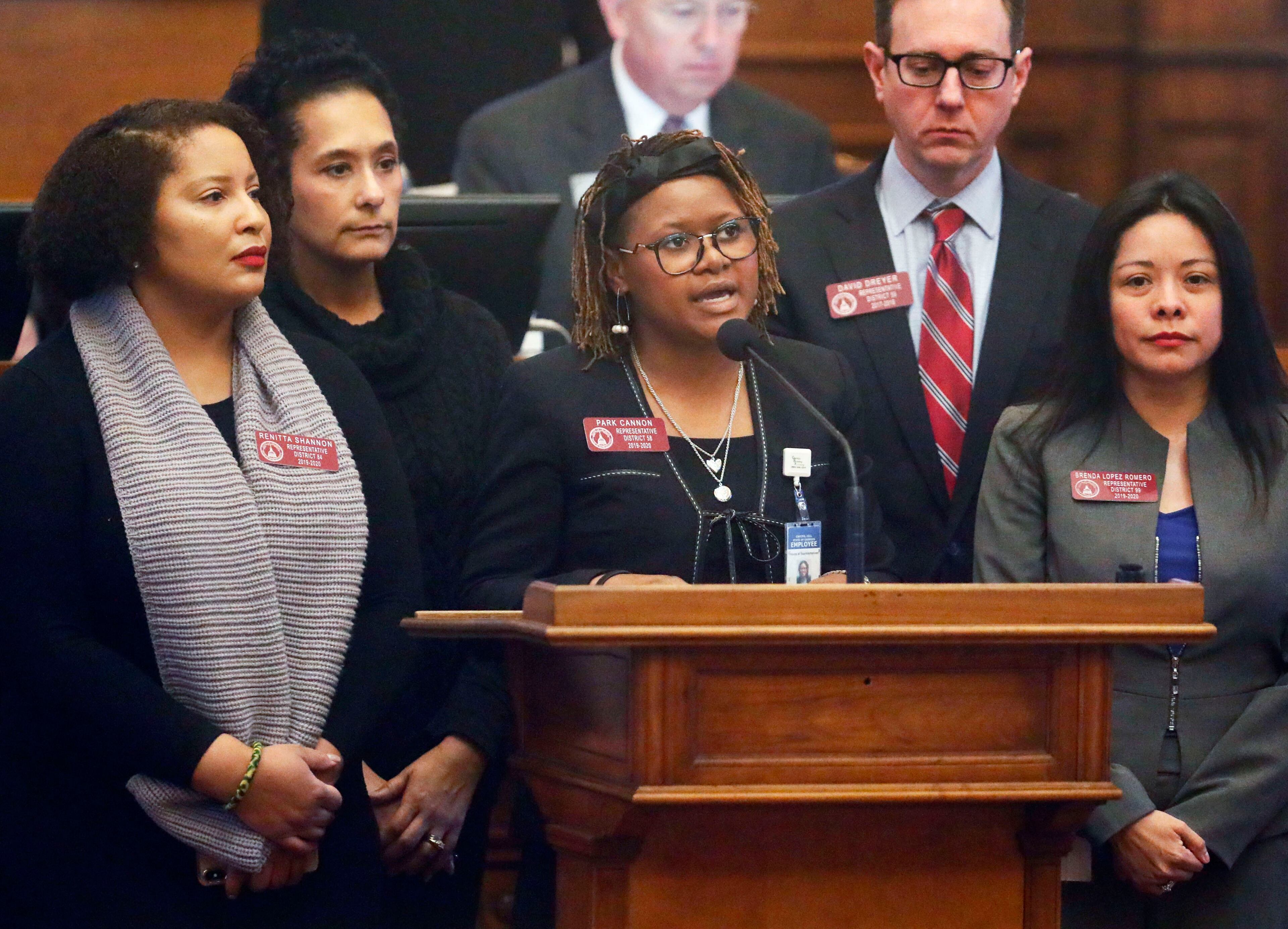 March 7, 2019 - Atlanta - A parade of Democrats took the floor of the House this morning to offer prayers for women who seek abortions, for the doctors who provide them and for women who died in the past when abortions were illegal.âToday we ask for blessings for all women who pass through hostile protests at abortion clinics,â said state Rep. Park Cannon (center), D-Atlanta. âMay they stand tall and refuse to be shamed.â The legislature was in session for "crossover" day, the 28th day of the 2019 General Assembly. Bob Andres / bandres@ajc.com