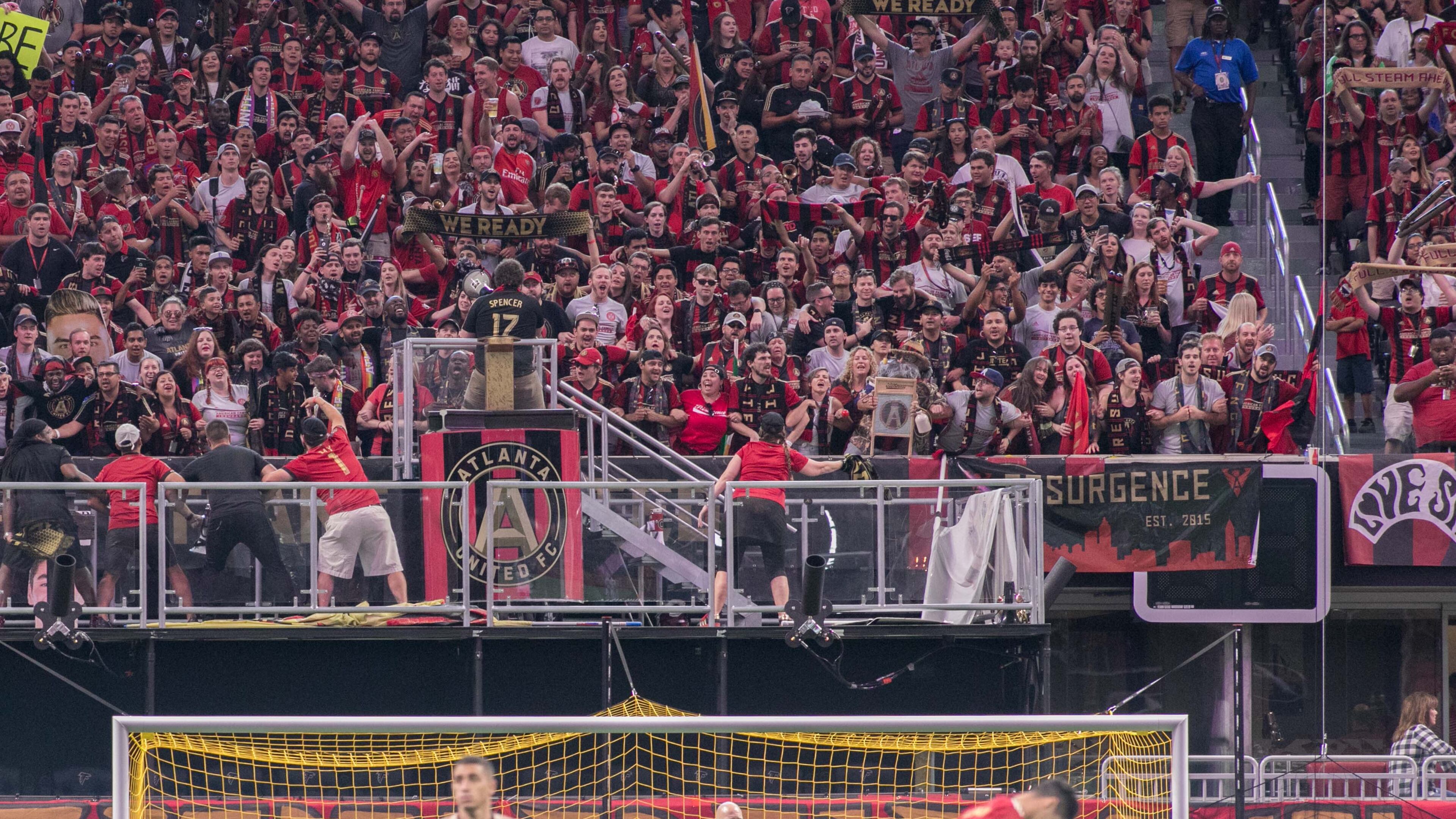 Atlanta United fans cheer in the stands as players warm up before a Major League Soccer game between the Atlanta United and Montreal Impact at the Mercedes-Benz Stadium , Sunday, Sept. 24, 2017, in Atlanta. BRANDEN CAMP/SPECIAL