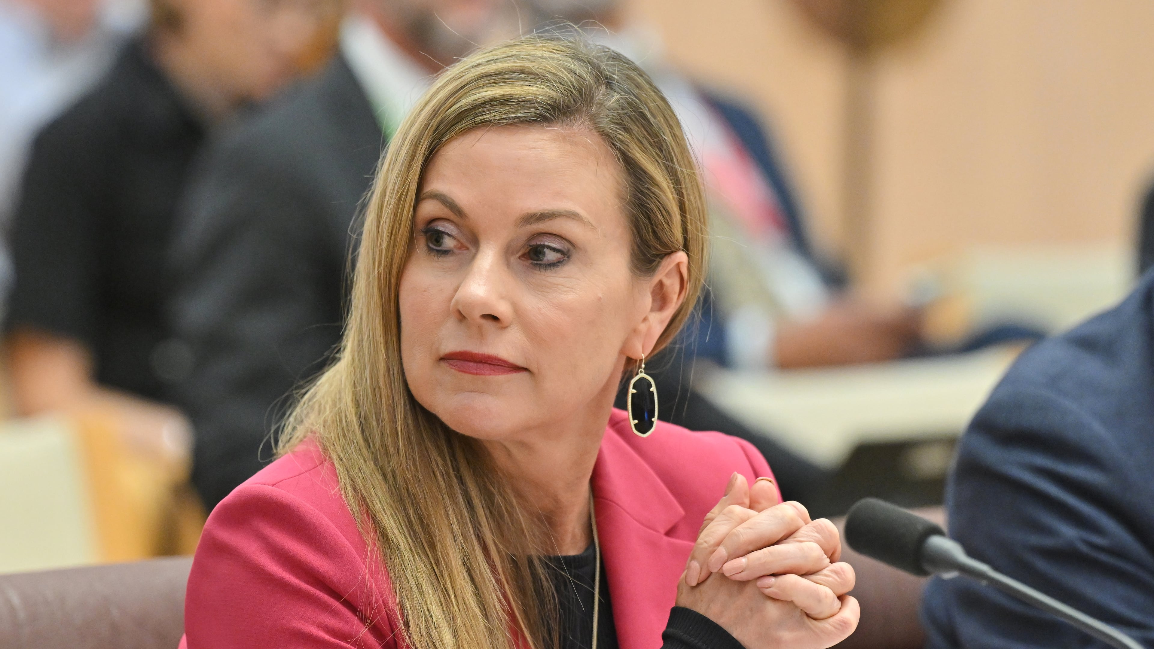 Australian e-Safety Commissioner, Julie Inman Grant appears before the Environment and Communications Legislation Committee at Parliament House in Canberra, Australia, Thursday, Oct. 17, 2024. (Mick Tsikas/AAP Image via AP)