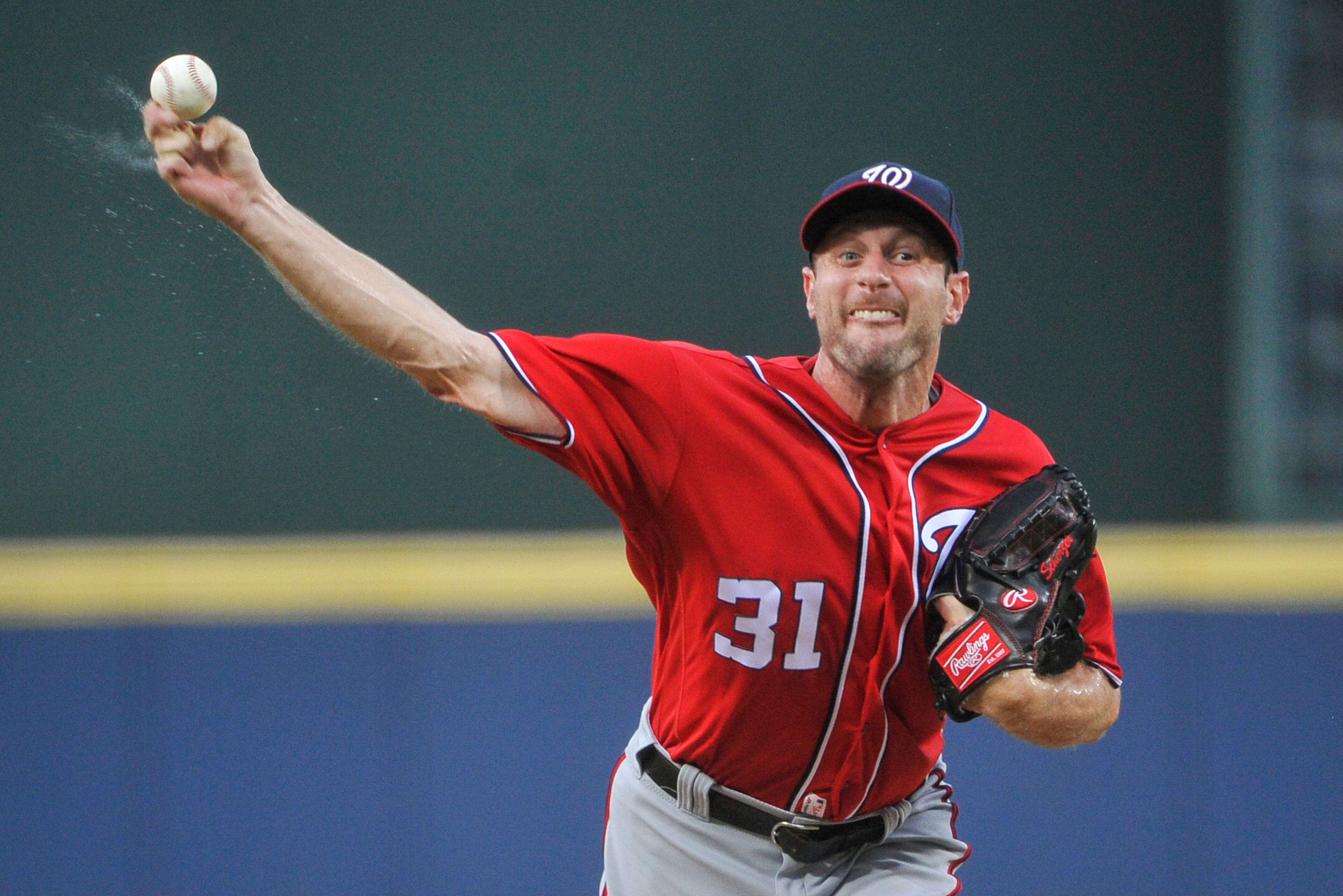Washington Nationals' Max Scherzer pitches against Atlanta Braves during the first inning of a baseball game, Saturday, Aug. 20, 2016, in Atlanta. (AP Photo/John Amis)