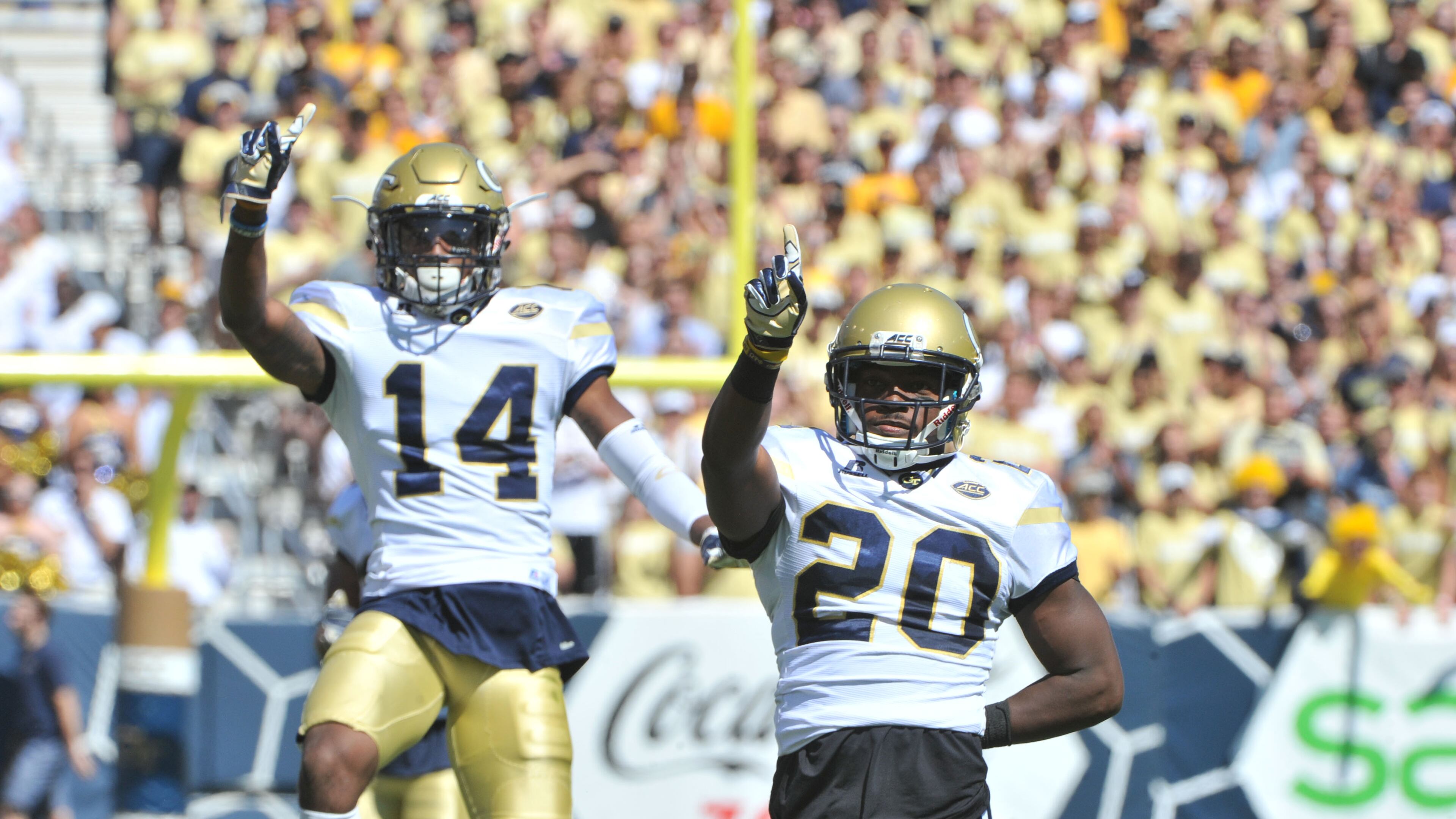 Georgia Tech Yellow Jackets defensive backs Lawrence Austin (20) and Corey Griffin (14) react in the first half at Bobby Dodd Stadium on Saturday, October 1, 2016. HYOSUB SHIN / HSHIN@AJC.COM