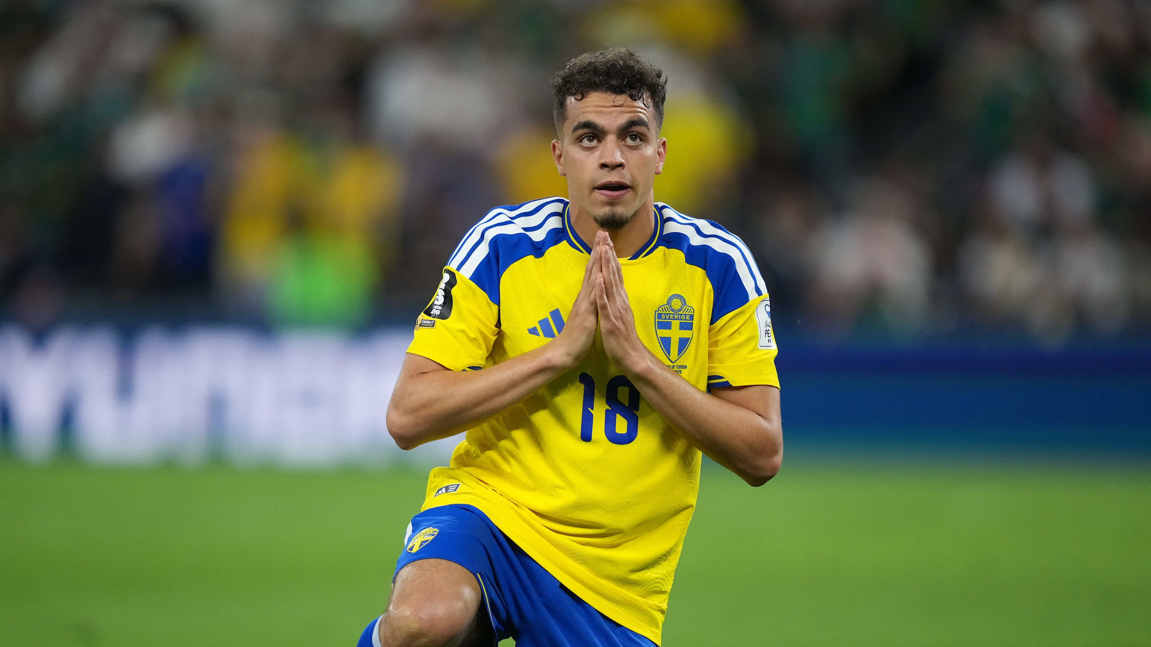 Sweden's Yasin Ayari (18) celebrates after scoring his side's opening goal during the World Cup Group F soccer match between Sweden and Tunisia in Guadalupe, near Monterrey, Mexico, Sunday, June 14, 2026. (AP Photo/Moises Castillo)