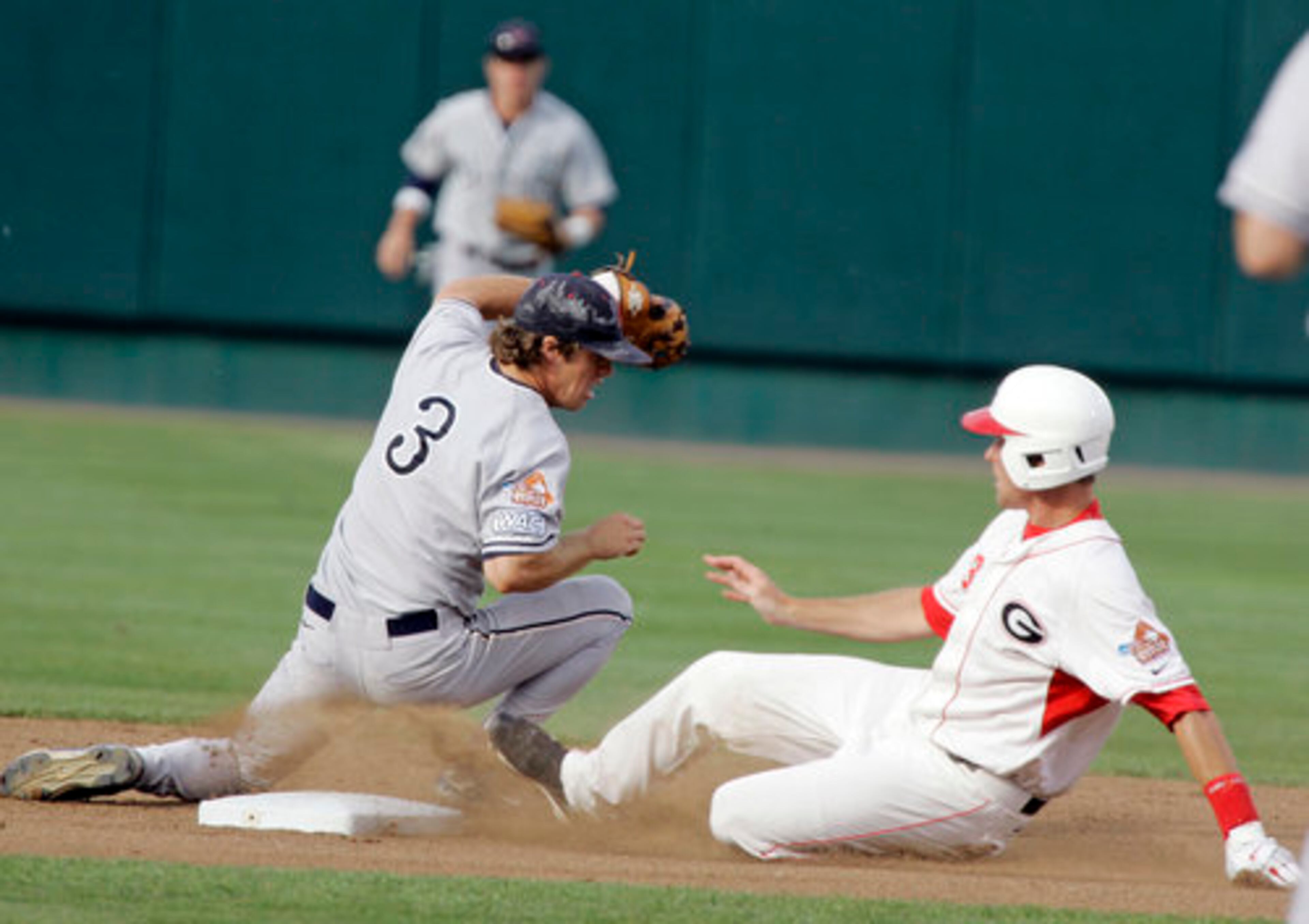 Georgia's lead-off hitter Ryan Peisel reaches second base on a double. Peisel would score on a Rich Poythress hit.