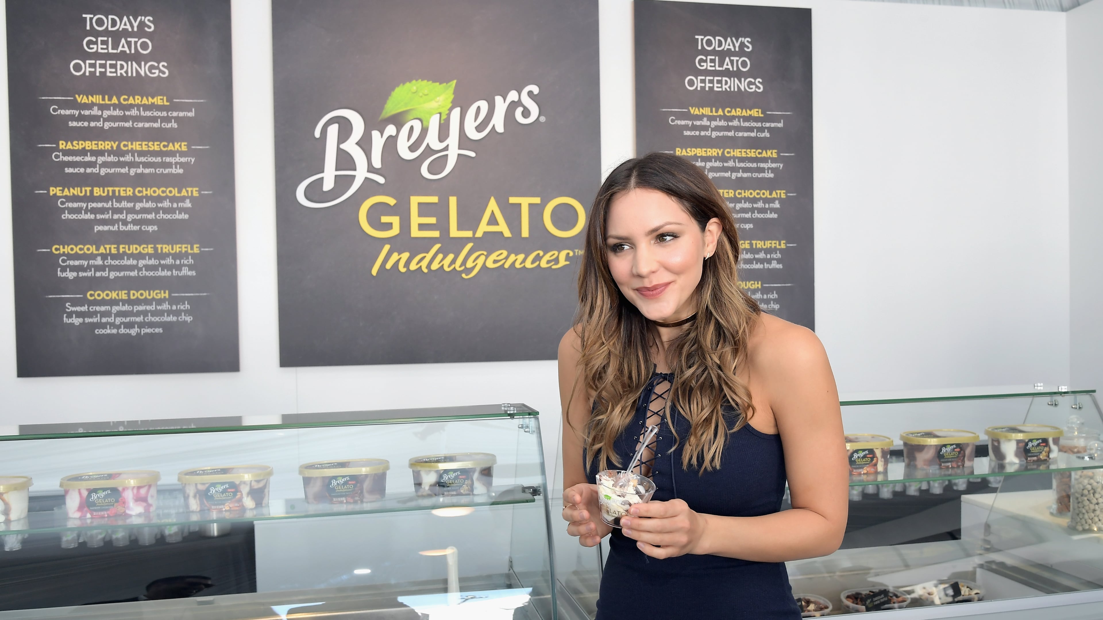 SANTA MONICA, CA - FEBRUARY 25: Actress Katharine McPhee enjoys a taste of Breyers® Gelato Indulgences at the gelateria backstage at the 32nd Annual Film Independent Spirit Awards sponsored by FIJI Water at Santa Monica Pier on February 25, 2017 in Santa Monica, California. Breyers® Gelato Indulgences features a delicious trio of textures, including rich creamy gelato, luscious sauce and gourmet topping, and is available in grocery stores nationwide. (Photo by Charley Gallay/Getty Images for Breyers)