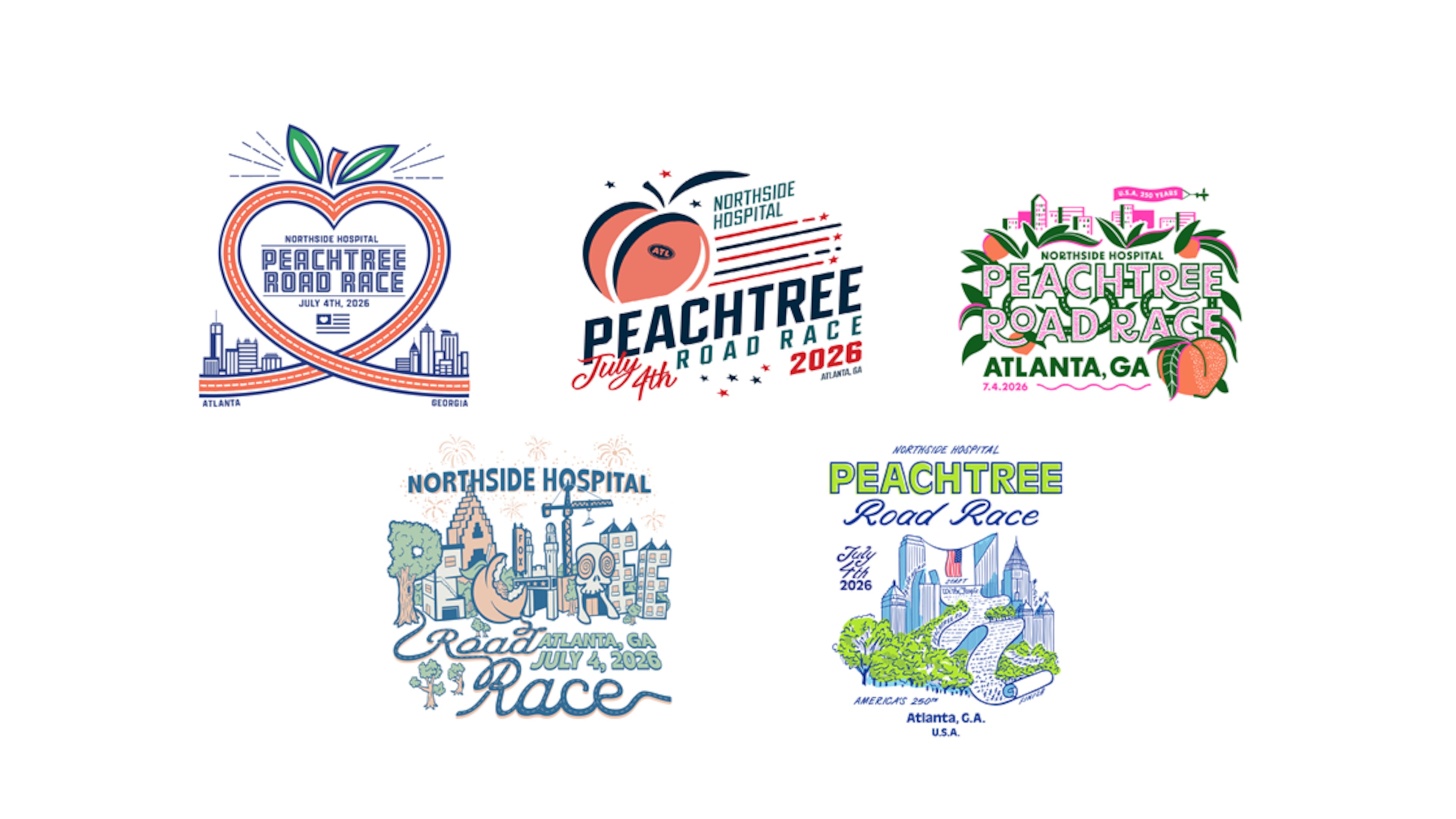 The five finalists for the 2026 Peachtree Road Race T-shirt design contest.