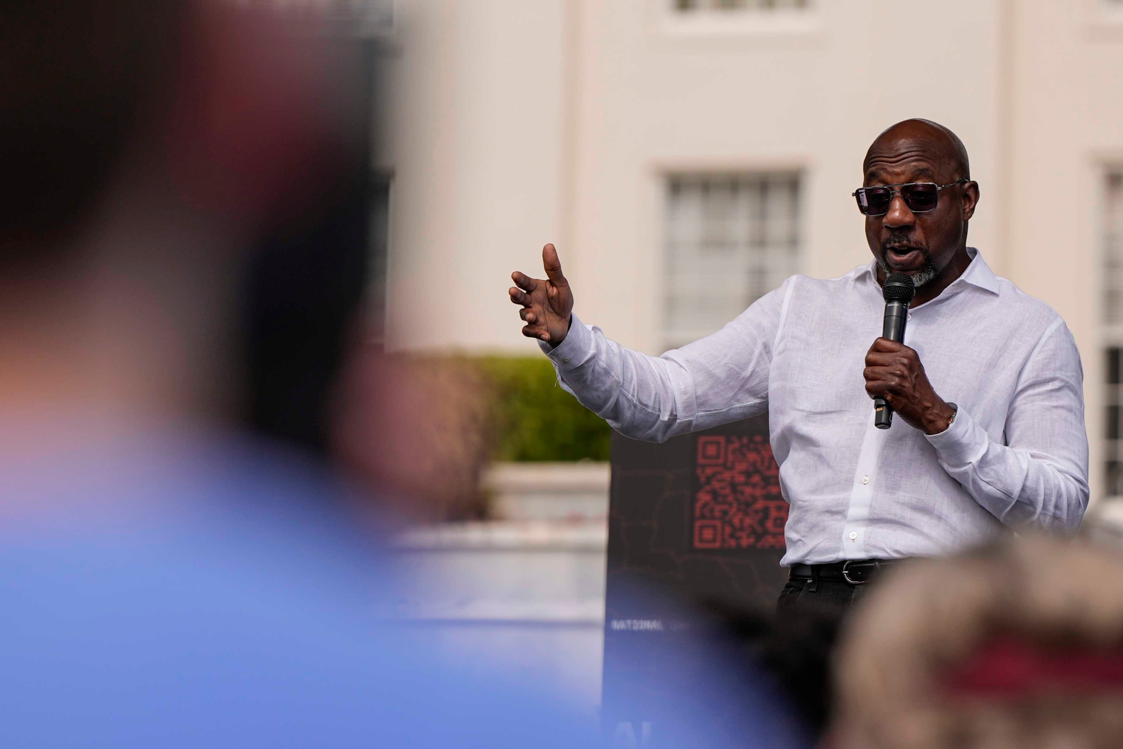 U.S. Sen. Raphael Warnock, D-Ga., speaks during a voting rights rally last month in Montgomery, Alabama. (Mike Stewart/AP)