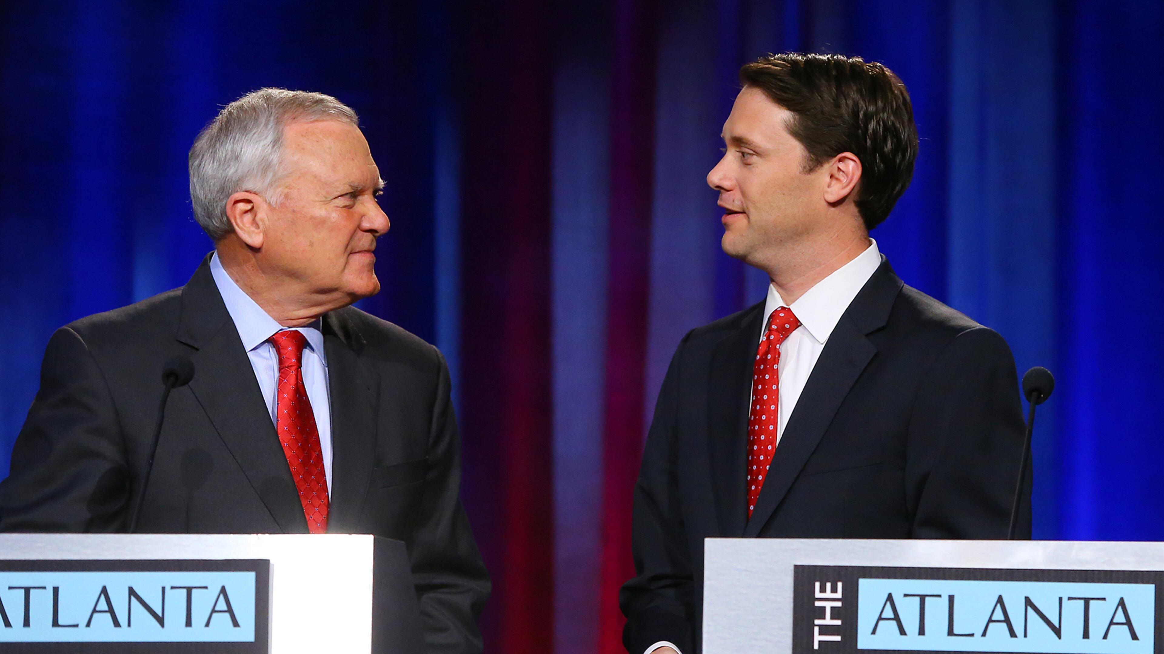 Republican Gov. Nathan Deal and gubernatorial challenger Democrat Sen. Jason Carter pause to chat after squaring off for their second debate during Oct. 19. The debate, sponsored by the Atlanta Press Club, was a part of the Loudermilk-Young Debate Series and was held at Georgia Public Broadcasting.