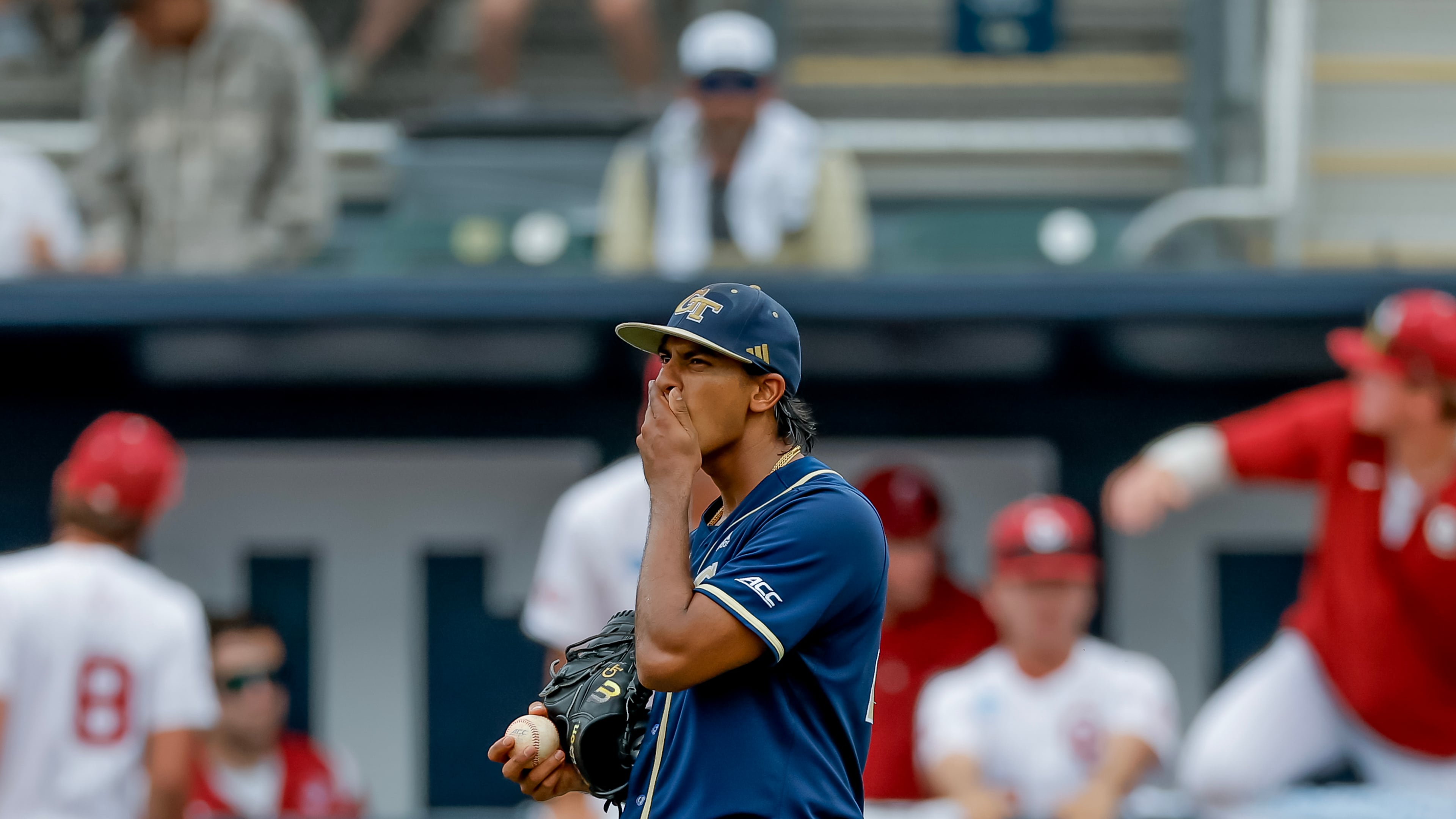 Georgia Tech pitcher Mason Patel (29) reacts in between Oklahoma batters in the eighth inning the NCAA D1 Atlanta Regional elimination baseball game at Russ Chandler Stadium, Monday, June 1, 2026, in Atlanta. (Erik S. Lesser for the AJC)