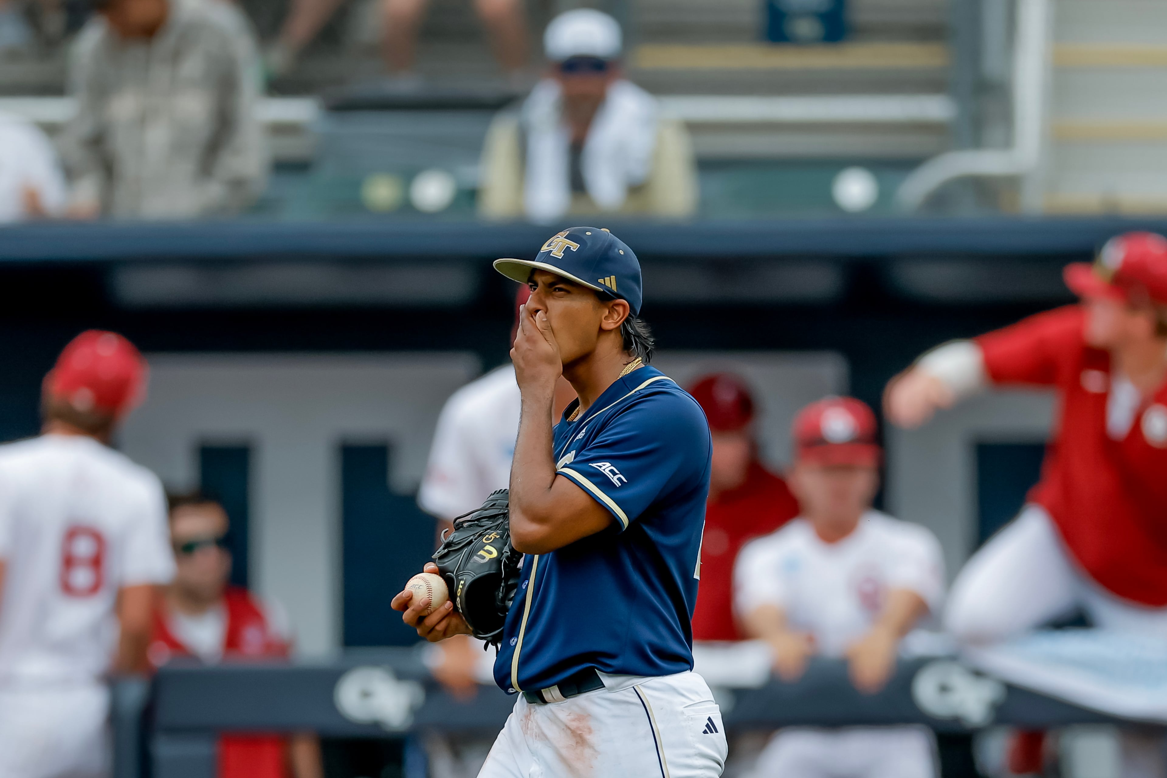 Georgia Tech pitcher Mason Patel (29) waits between Oklahoma batters in the eighth inning of the Atlanta Regional elimination baseball game at Russ Chandler Stadium, Monday, June 1, 2026, in Atlanta. (Erik S. Lesser for the AJC)
