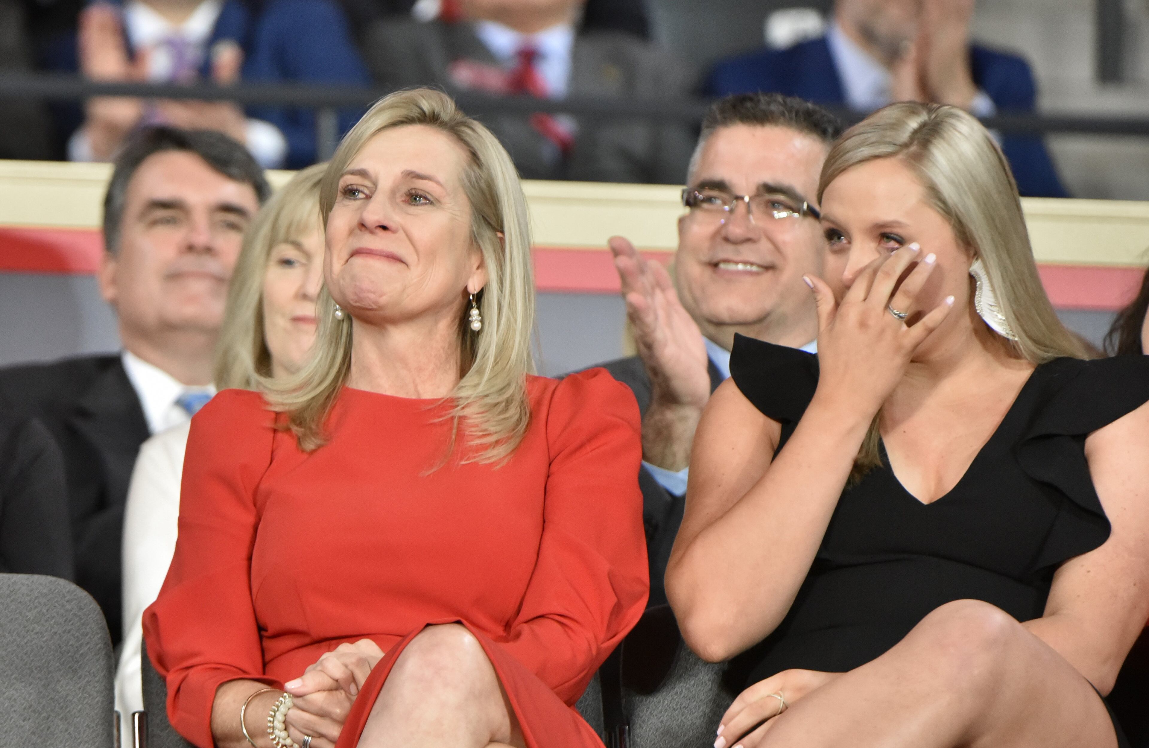 January 14, 2019 Atlanta - Marty Kemp (left) and daughter Jarrett can't hide their emotion as her husband and Georgia's 83rd Governor Brian Kemp speaks after he took the oath of office during the swearing-in ceremony at McCamish Pavilion in Campus of Georgia Tech on Monday, January 14, 2019. HYOSUB SHIN / HSHIN@AJC.COM