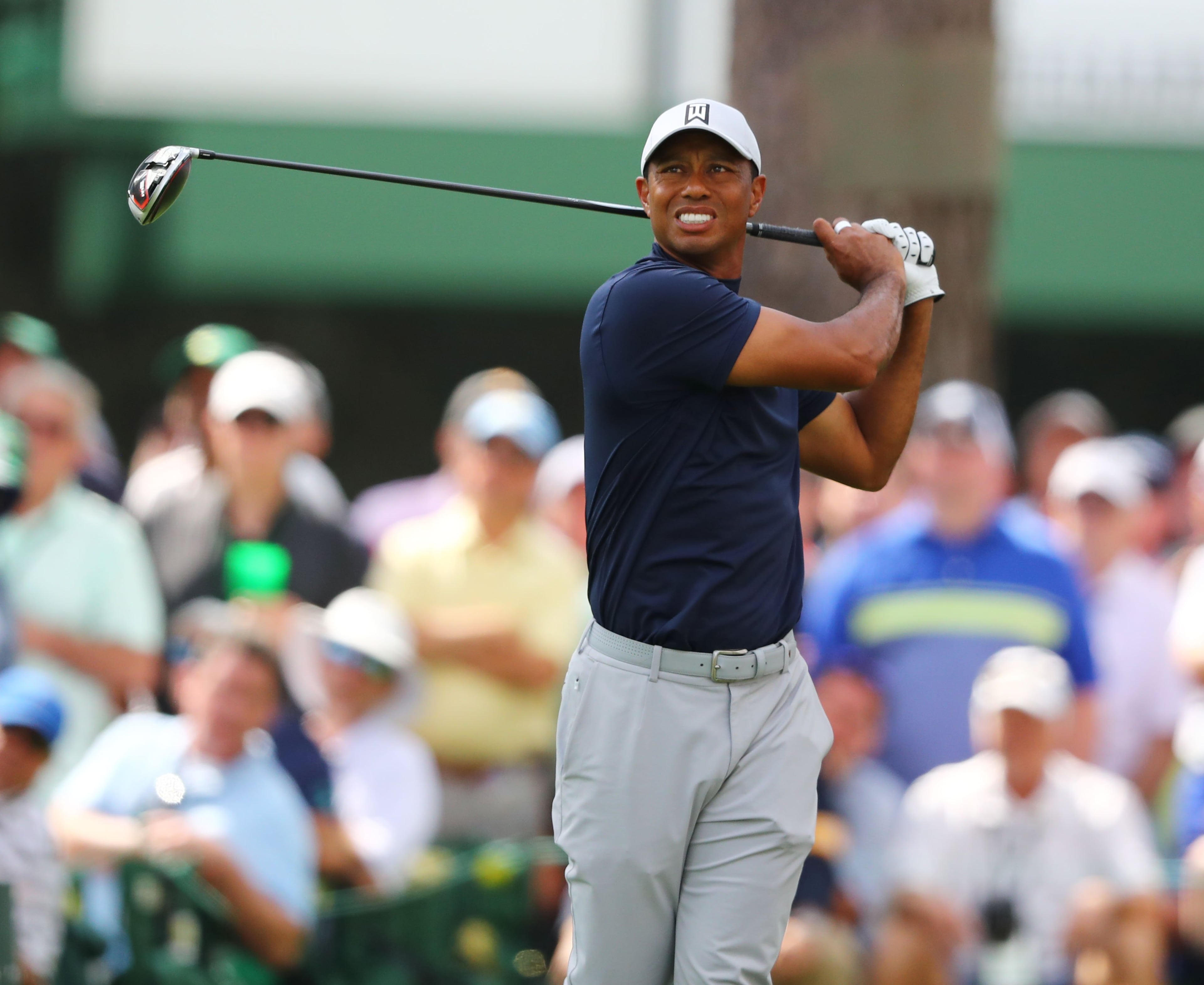 April 11, 2019 - Augusta - Tiger Woods tees off on 17 during the first round of the Masters Tournament Thursday, April 11, 2019, at Augusta National Golf Club in Augusta. Curtis Compton / ccompton@ajc.com