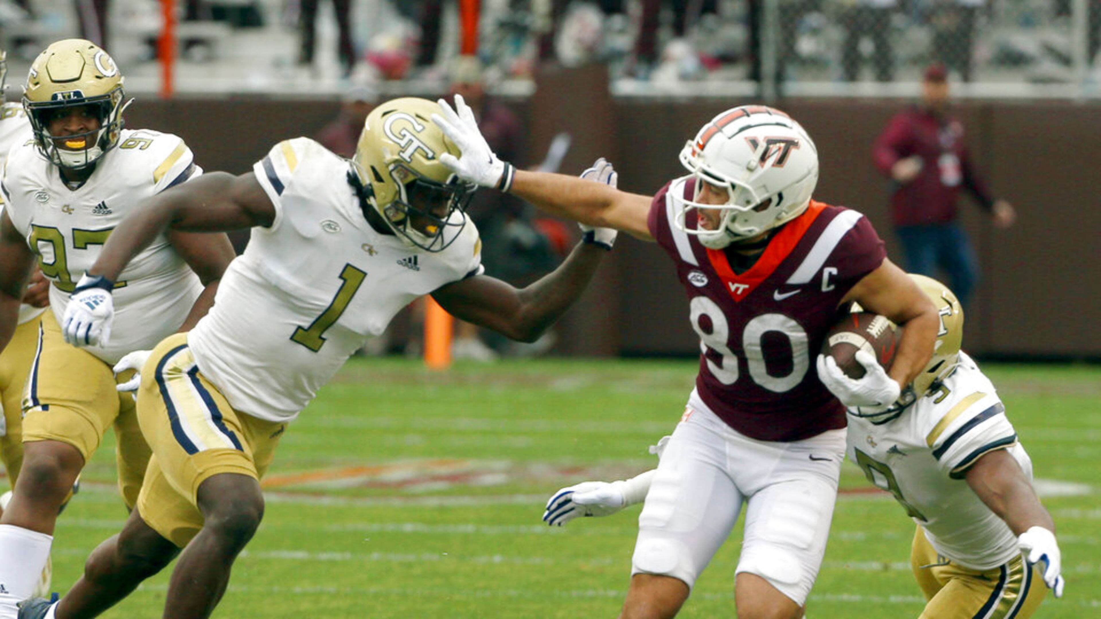 Georgia Tech's Charlie Thomas (1) was one of three Yellow Jackets selected for ACC honors on Monday for their performances against Virginia Tech. (Matt Gentry/The Roanoke Times via AP)