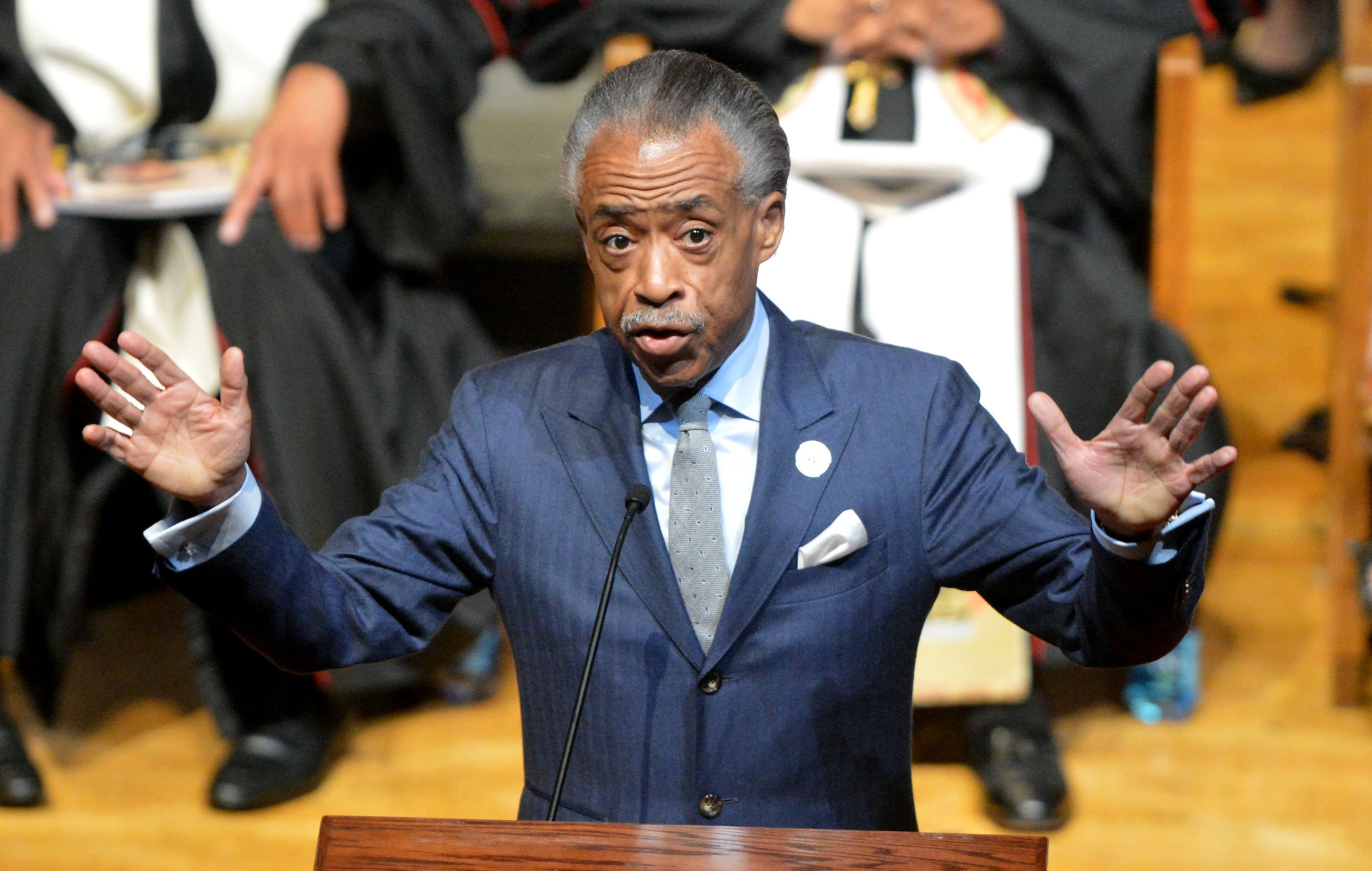 Rev. Al Sharpton gives remarks during the homegoing celebration for Mrs. Evelyn Gibson Lowery held in the Martin Luther King Jr. International Chapel on the Morehouse College Campus, Wednesday, October 2, 2013. Lowery was the founder of the S.C.L.C.\WOMEN, Inc., the sister organization of the civil rights organization S.C.L.C; and creator of the annual Drum Major for Justice Awards and the annual Evelyn G. Lowery Civil Rights Heritage Educational Tour. She was married to civil rights activist the Reverend Joseph E. Lowery for close to 70 years. KENT D. JOHNSON / KDJOHNSON@AJC.COM