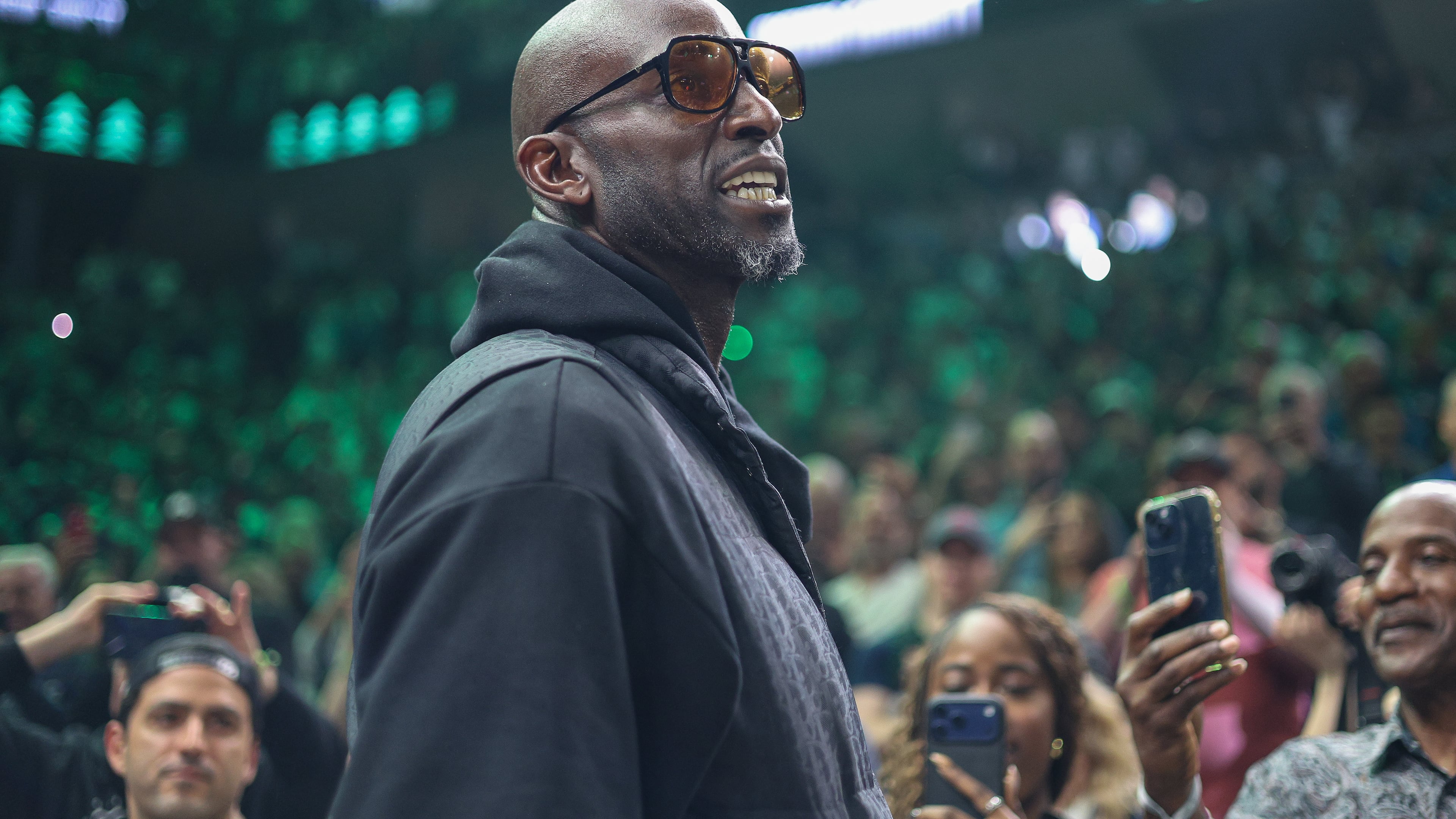 FILE - Former Minnesota Timberwolves player Kevin Garnett is introduced before an NBA basketball game between the New Orleans Pelicans and the Minnesota Timberwolves Sunday, April 12, 2026, in Minneapolis. (AP Photo/Matt Krohn, File)