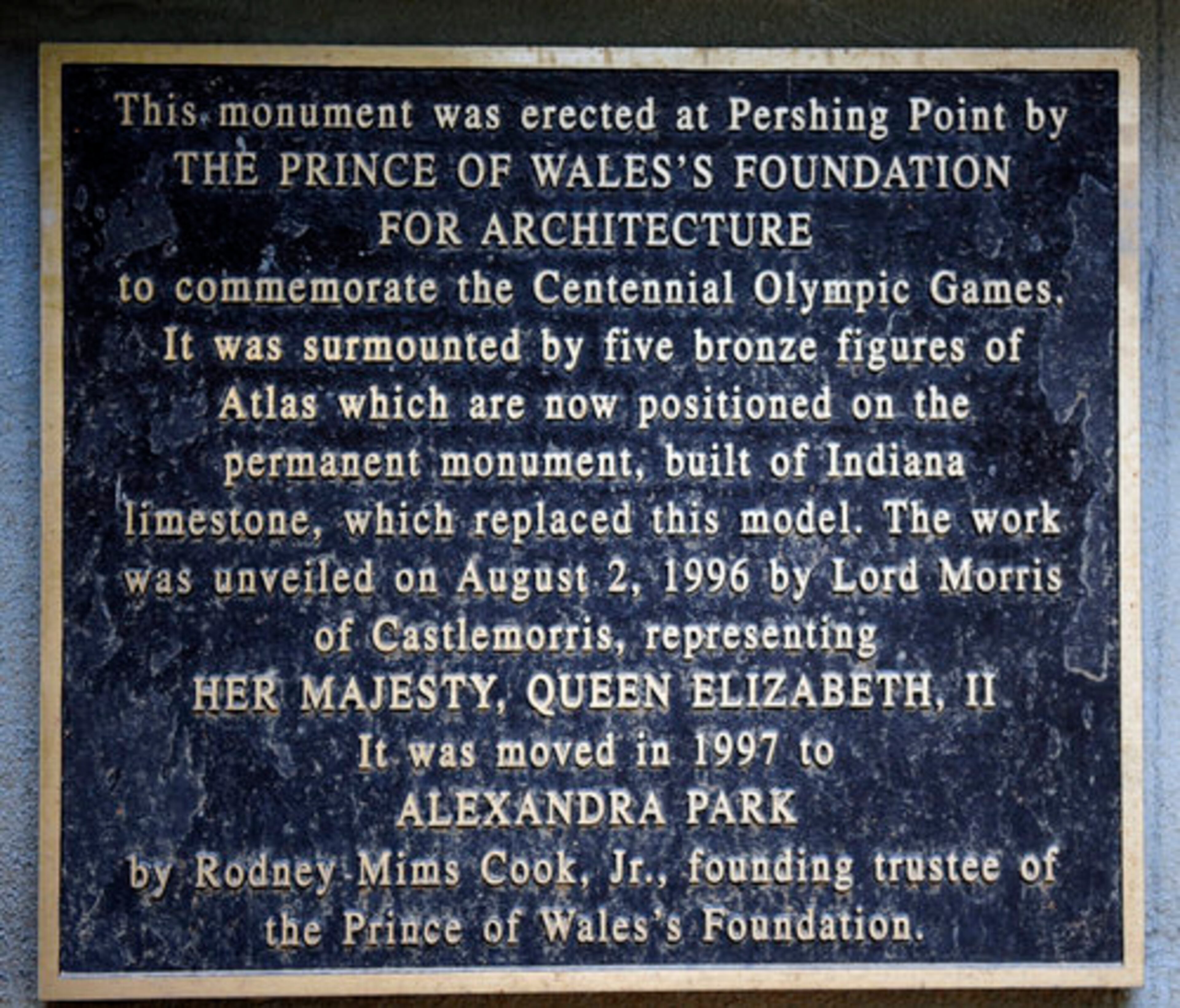 The model for Prince Charles' gift to the city of Atlanta commemorating the 1996 Olympic Games -- the statue at Pershing Point -- now stands near the entrance to the grounds of Alexandra Park. Cook shares his enthusiasm for classic architecture and historic preservation with Britain's royal family.