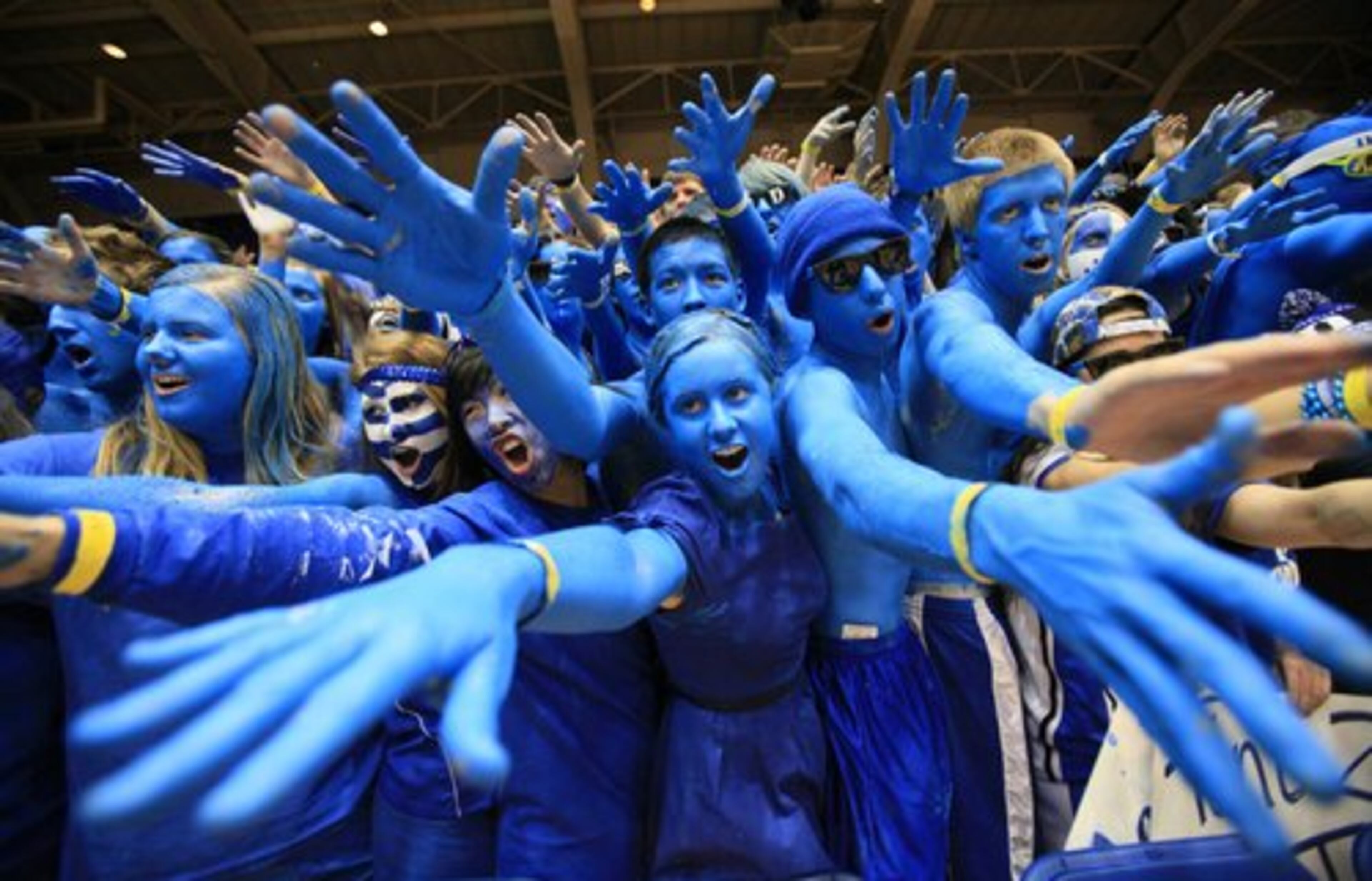 THE ORIGINAL BLUE MAN GROUP: Duke students cheer prior to an NCAA college basketball game between Duke and North Carolina in Durham, N.C., Wednesday, Feb. 9, 2011.