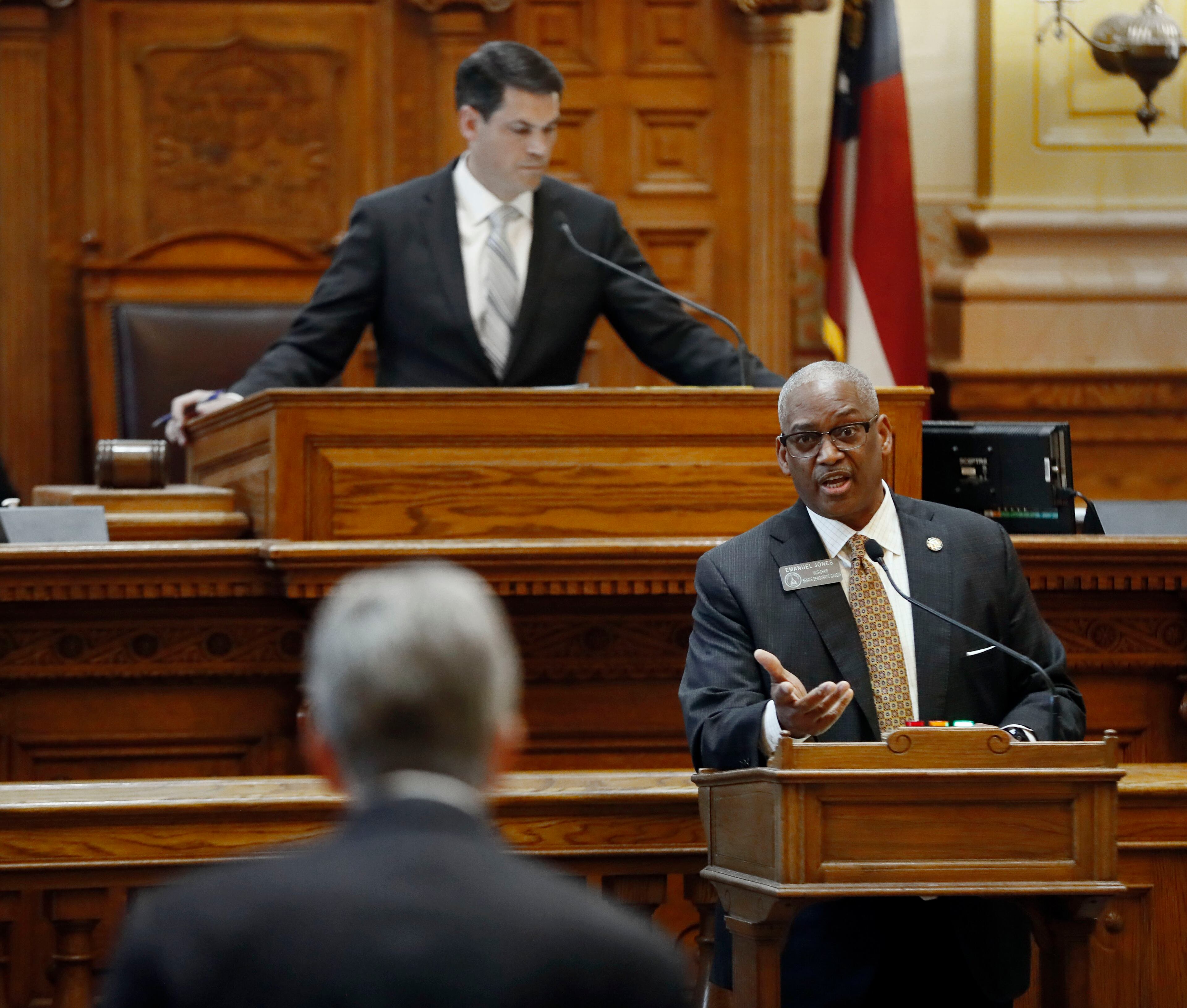 March 7, 2019 - Atlanta - "It's hard to get anybody to come to the table who already owns the table. Atlanta owns this airport. Some of us may not like it, but they do," said state Sen. Emanuel Jones, D-Decatur, who later added: "When we talk about ethics, I don't think our hands are clean in here either." The Georgia Senate voted Thursday to approve a measure that would give the state control of Hartsfield-Jackson airport. The legislature was in session for "crossover" day, the 28th day of the 2019 General Assembly. Bob Andres / bandres@ajc.com