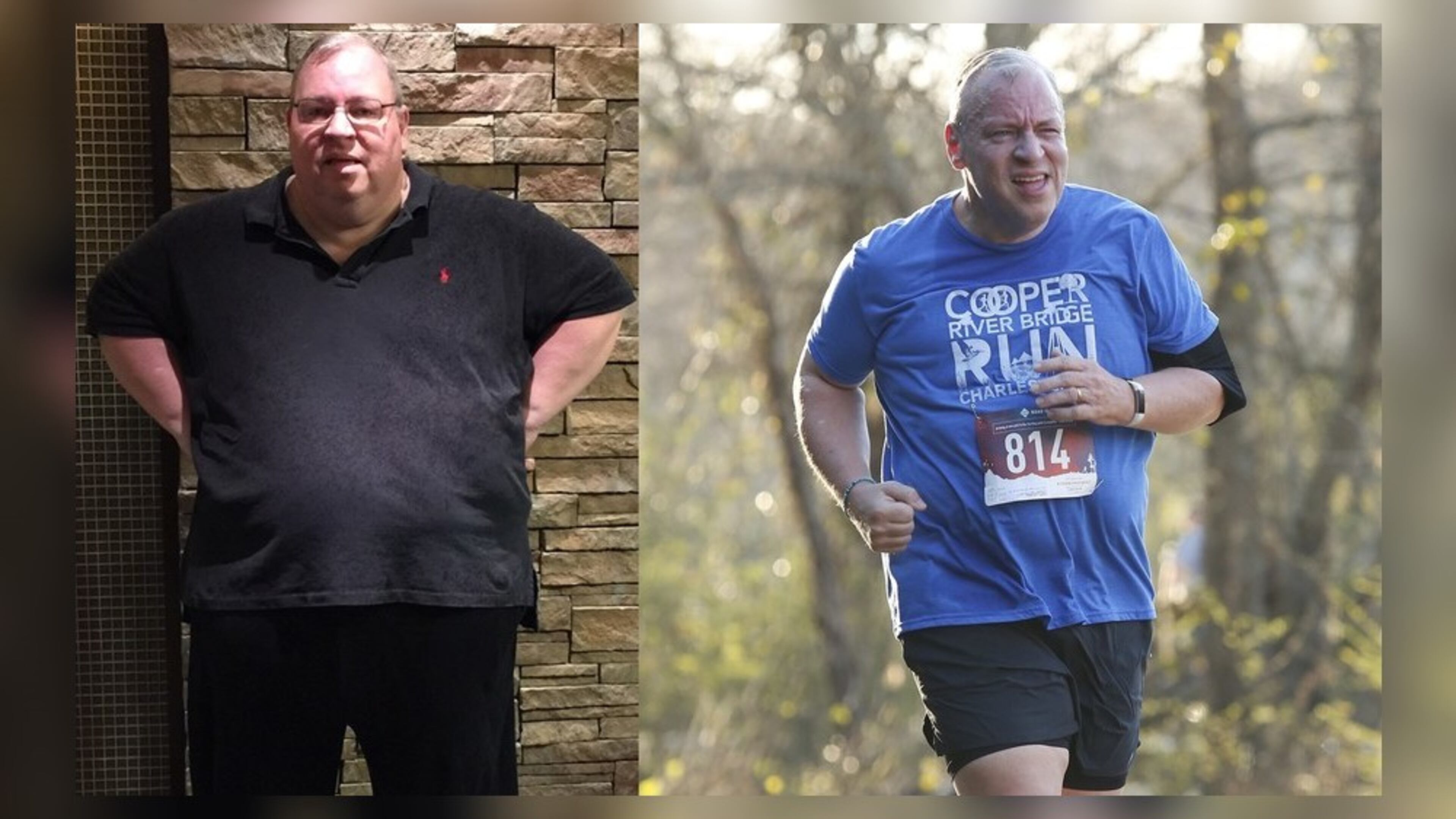 The photo on the left of Michael Hearn was taken in April 2019. The photo on the right was taken during a race this year. Hearn completed his first half-marathon in mid-2021. He has set a goal of running 100 half-marathons in 50 states. (Photos contributed by Michael Hearn)
