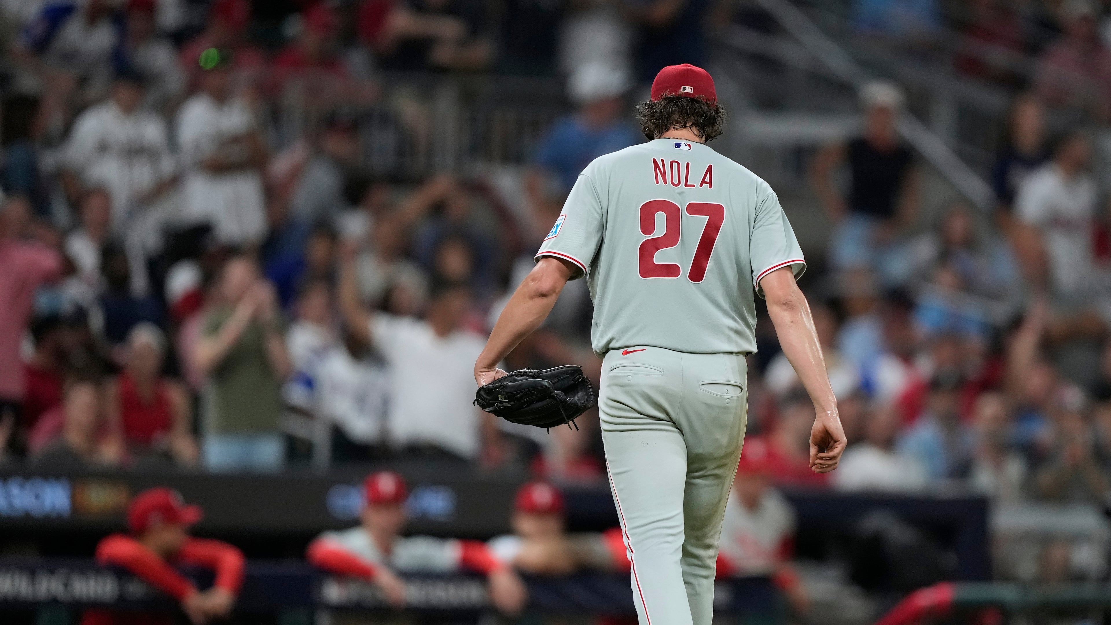 Philadelphia Phillies pitcher Aaron Nola is pulled against the Atlanta Braves in the second inning during Game 3 of baseball's NL Wild Card Series, Thursday, Oct. 1, 2026, in Atlanta. (AP Photo/Brynn Anderson)
