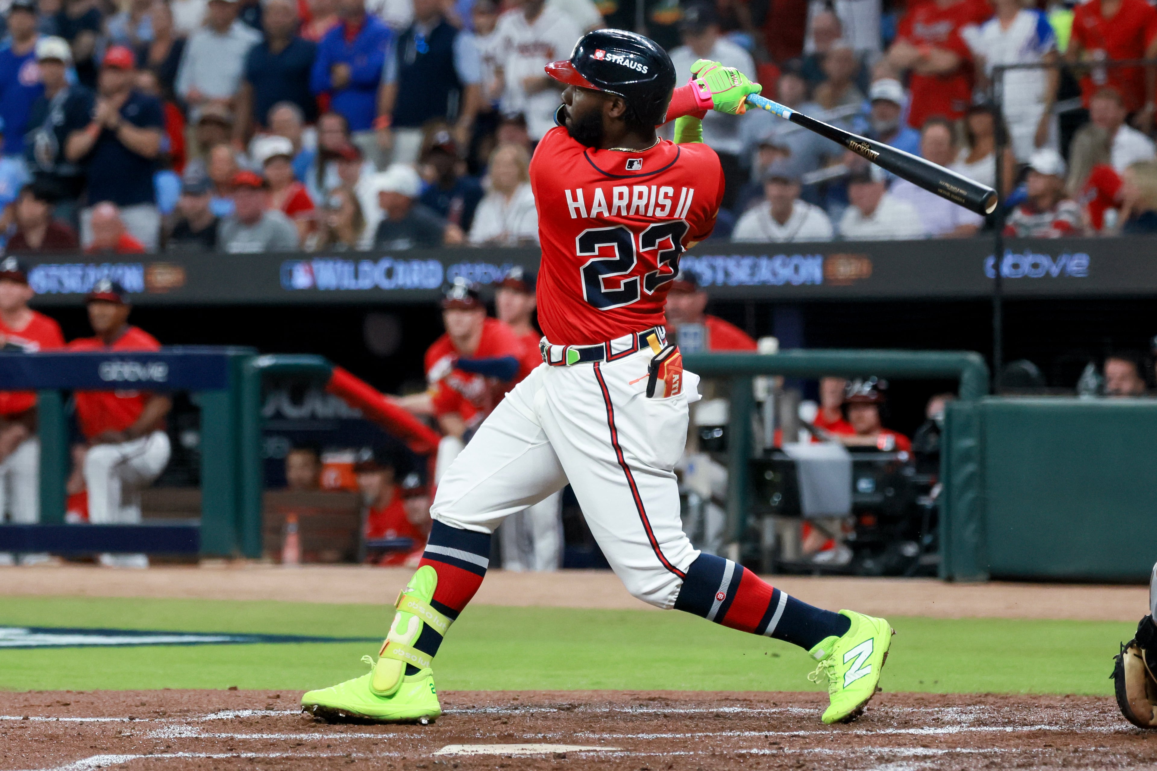 Atlanta BravesÕ Michael Harris II (23) hits a three-run home run against the Philadelphia Phillies during the first inning of Game 3 of a MLB National League Wild Card playoff series between the Atlanta Braves and the Philadelphia Phillies, Thursday, Oct. 1, 2026, in Atlanta. (Jason Getz/AJC)
