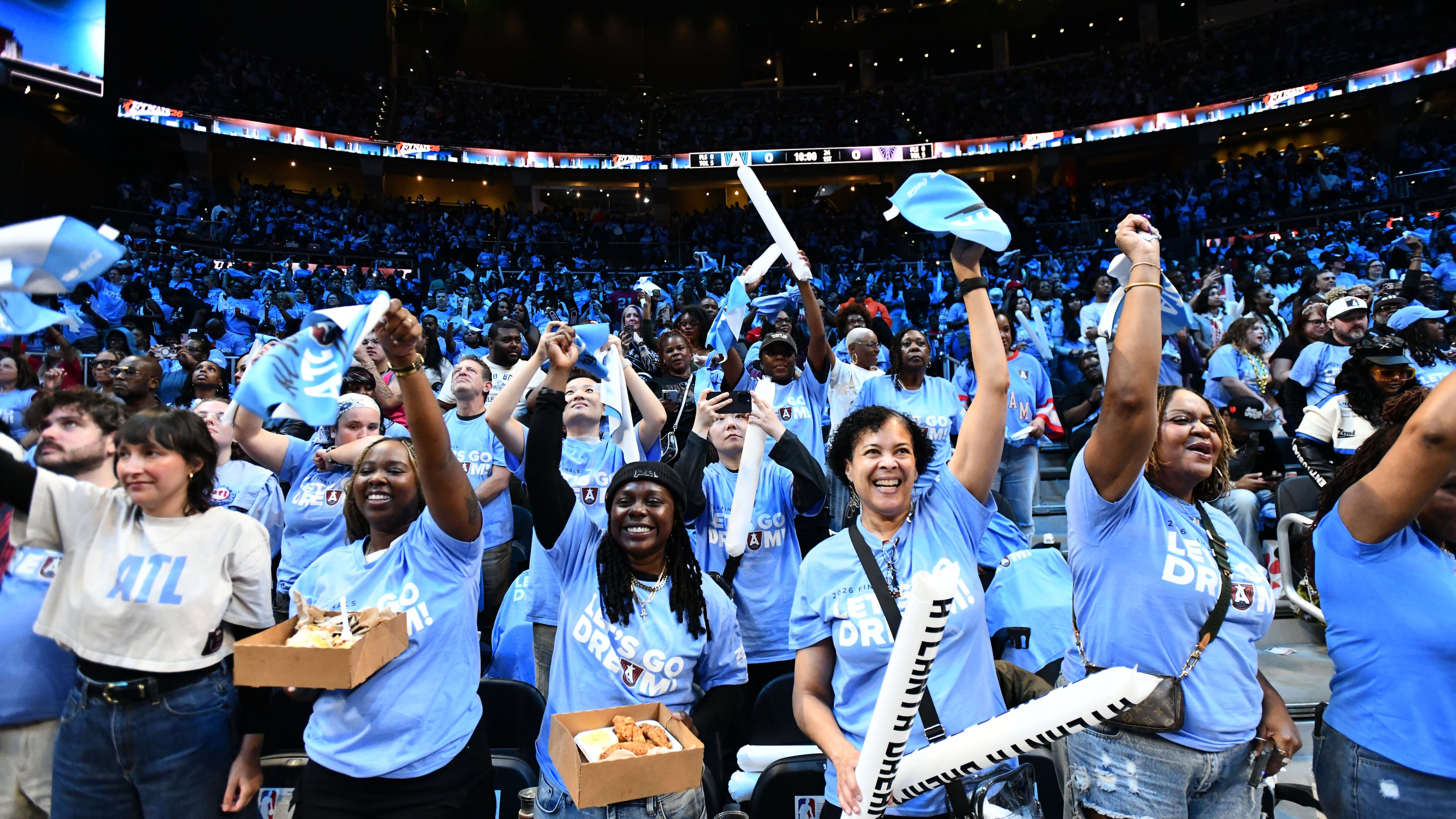 Dream fans cheer before Game 3 of the WNBA Finals against the Valkyries at State Farm Arena on Wednesday, Oct. 21, 2026, in Atlanta. (Hyosub Shin/AJC)