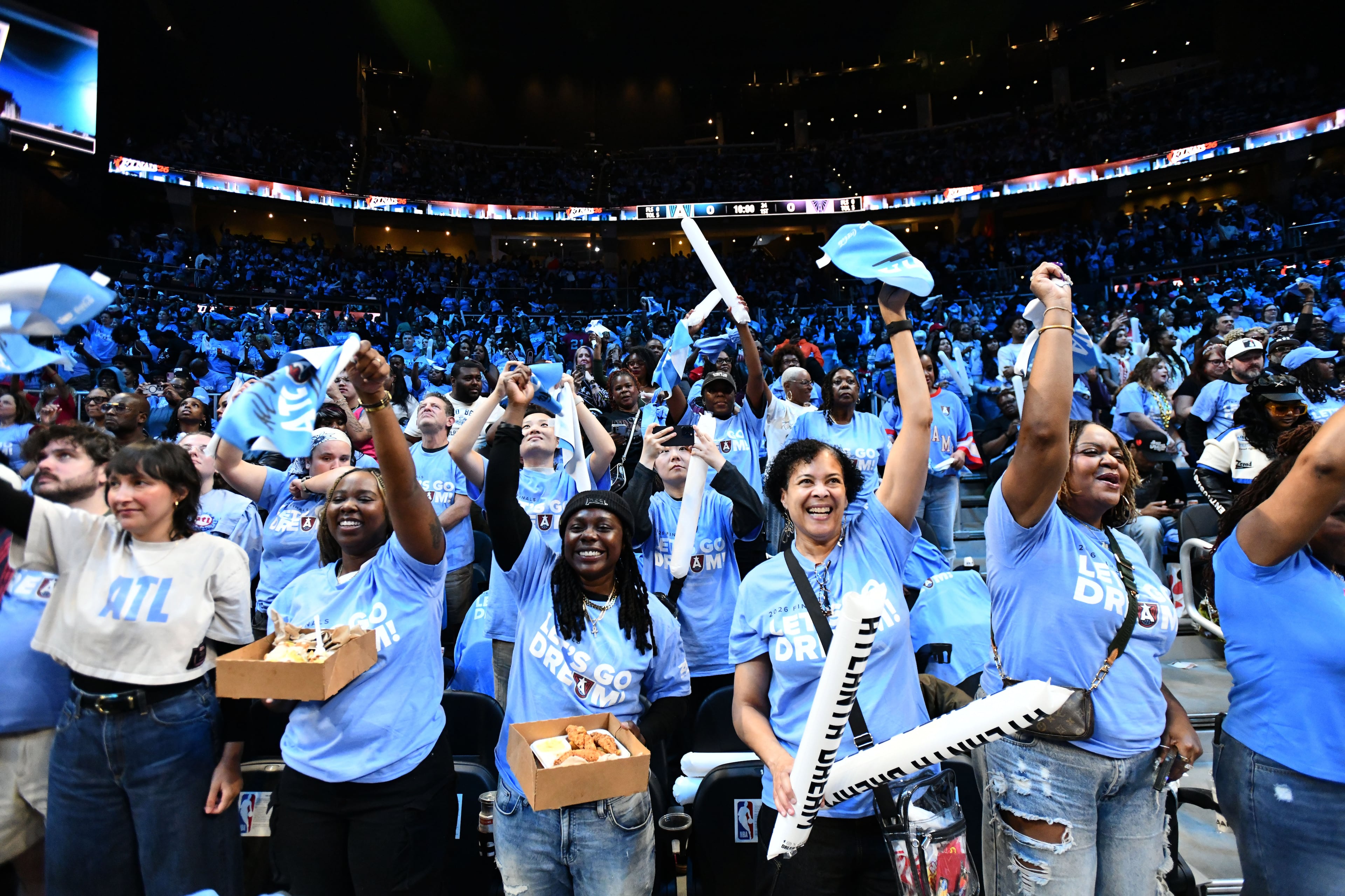 Dream fans cheer before Game 3 of the WNBA Finals against the Valkyries at State Farm Arena on Wednesday, Oct. 21, 2026, in Atlanta. (Hyosub Shin/AJC)