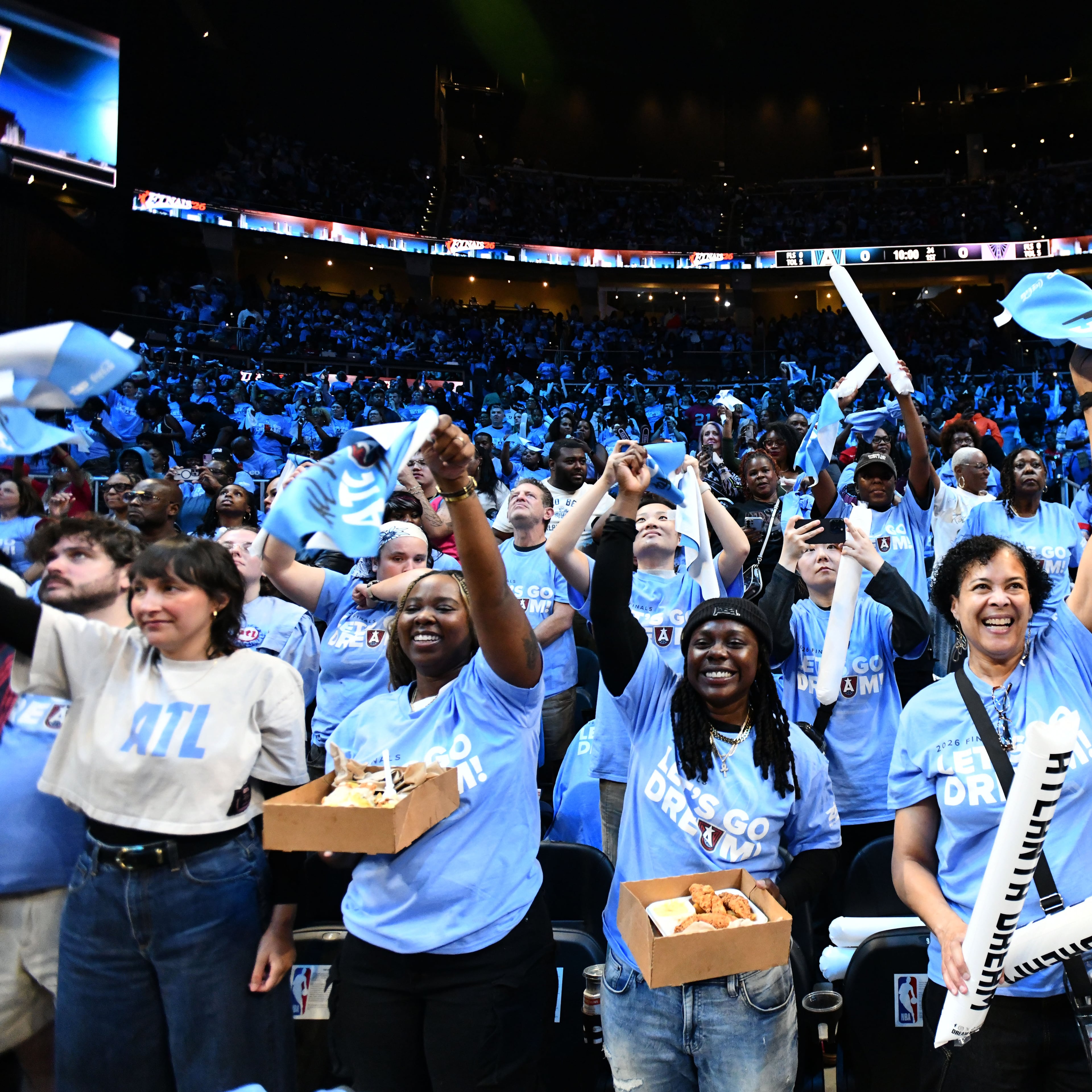 Dream fans cheer before Game 3 of the WNBA Finals against the Valkyries at State Farm Arena on Wednesday, Oct. 21, 2026, in Atlanta. (Hyosub Shin/AJC)