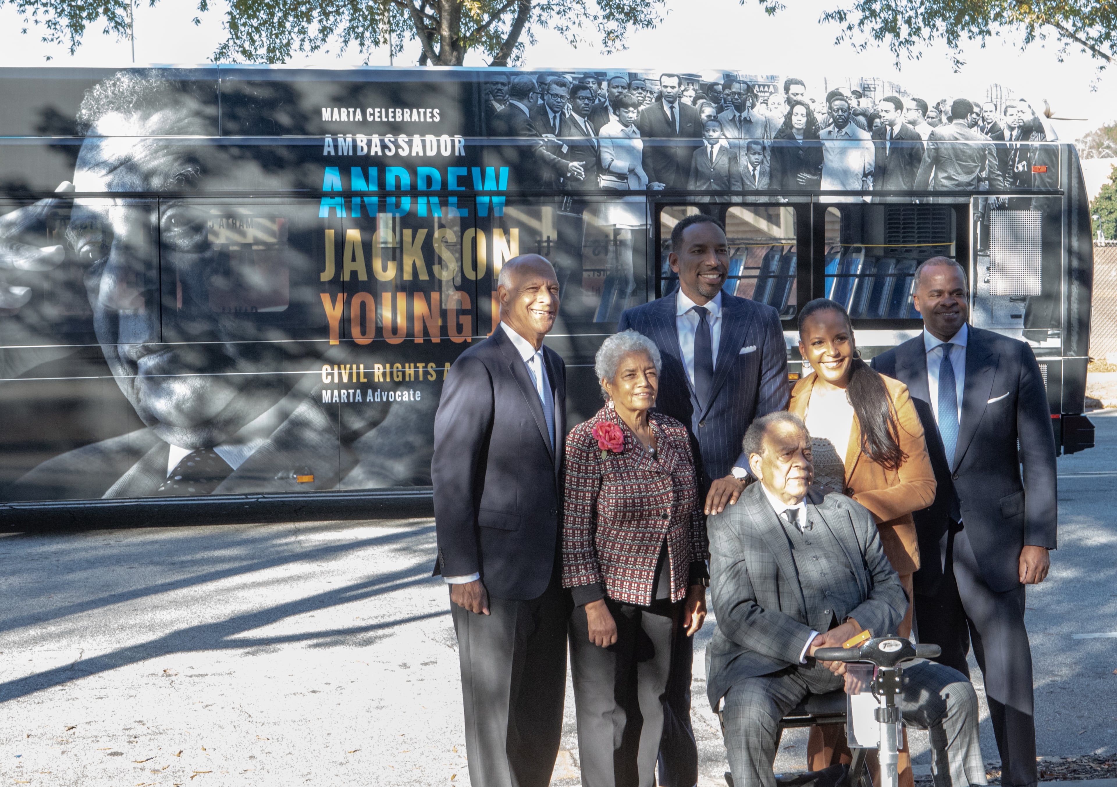 At a ceremony unveiling a new MARTA bus featuring Andrew Young, former mayors including Bill Campbell, from left, Shirley Franklin, Mayor Andre Dickens, Andrew Young, Keisha Lance Bottoms and Kasim Reed, attend the event at the Ray Charles Performing Arts Center at Morehouse College on Friday, November 15, 2024. (Jenni Girtman for The Atlanta Journal-Constitution)