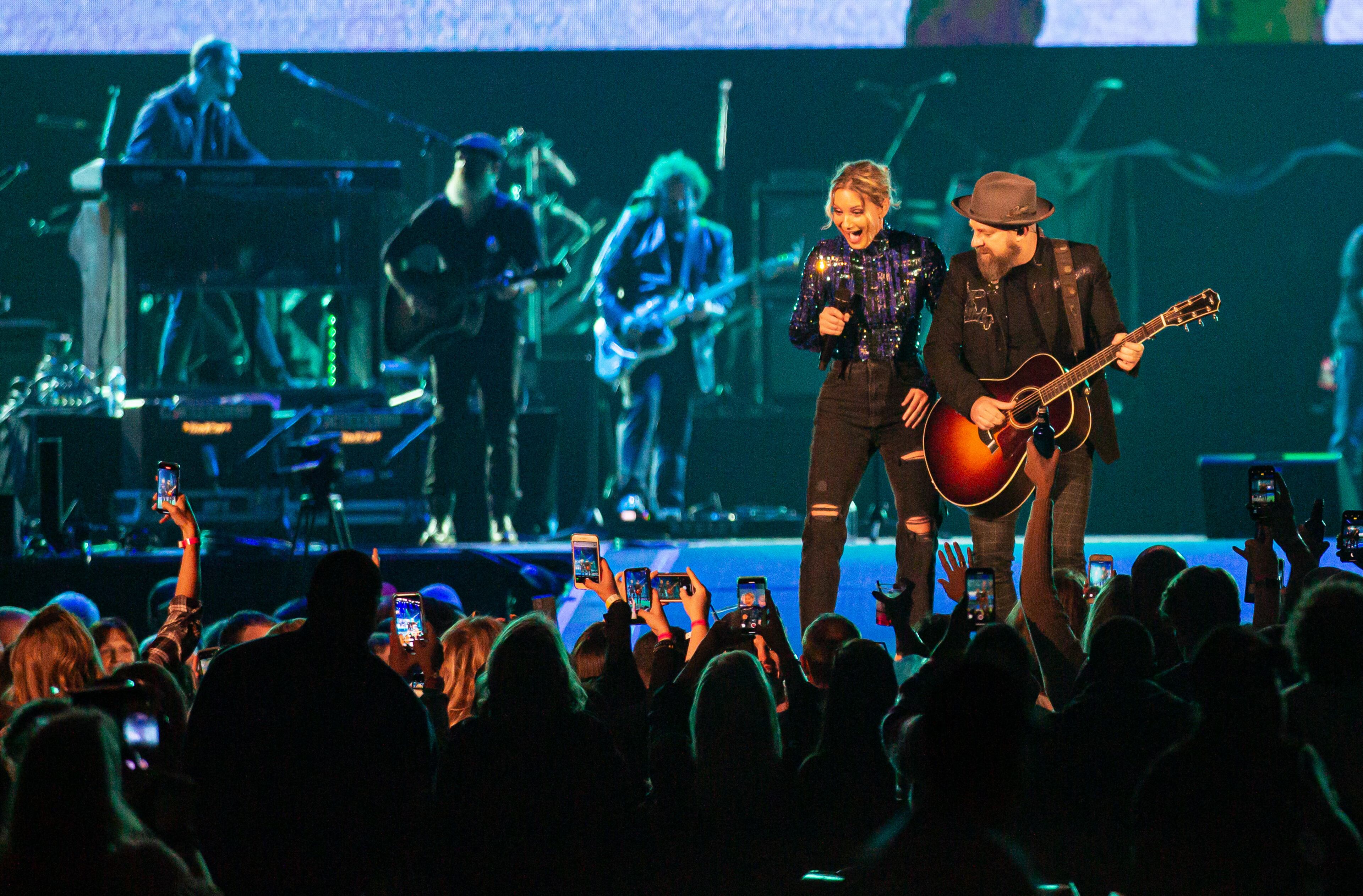 Sugarland's Jennifer Nettles and Kristian Bush play to the crowd at Mercedes-Benz Stadium fior ATLive on Nov. 15, 2019. Photo: Ryan Fleisher/Special to the AJC.