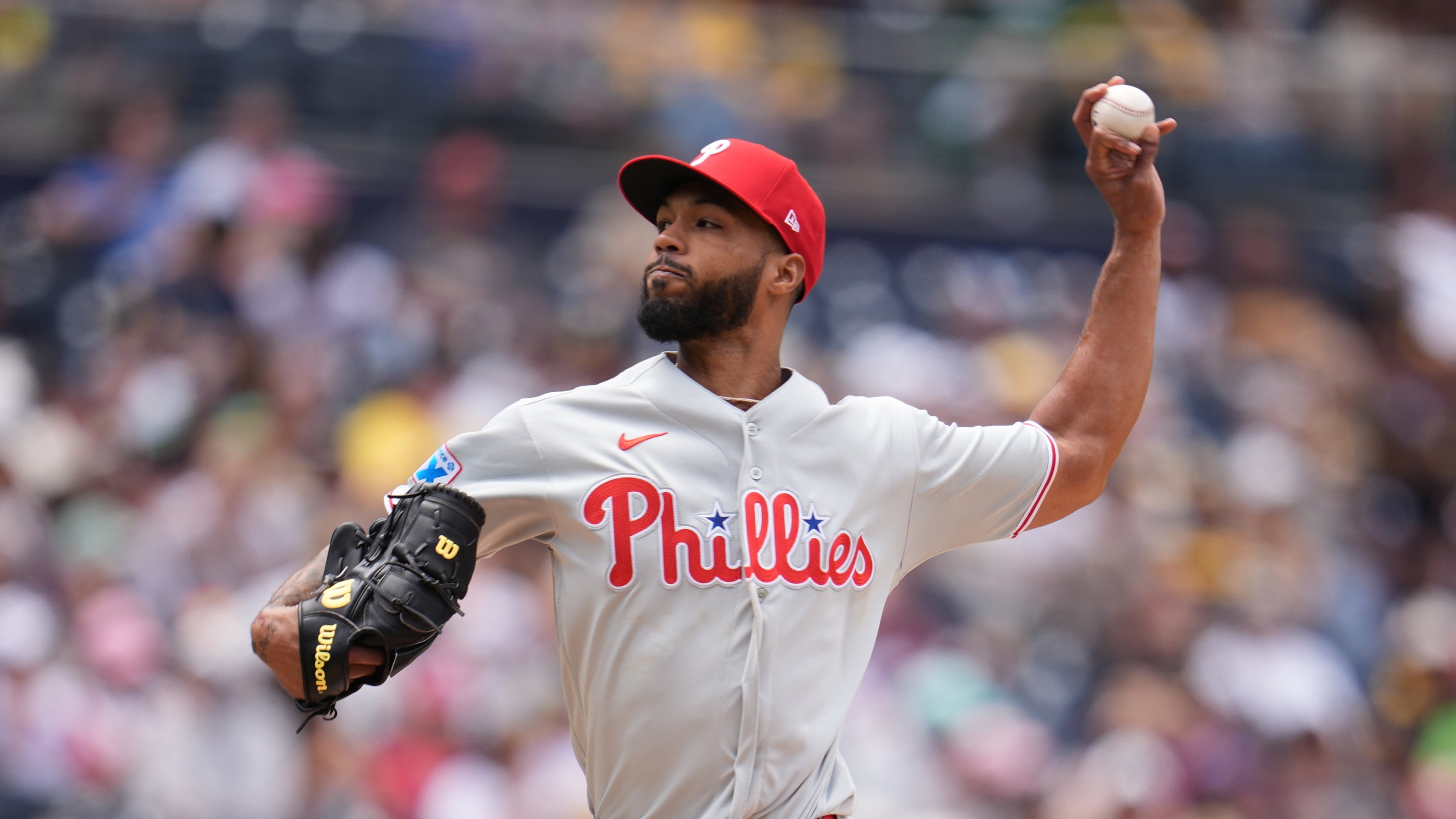 Philadelphia Phillies starting pitcher Cristopher Sánchez works against a San Diego Padres batter during the second inning of a baseball game Wednesday, May 27, 2026, in San Diego. (AP Photo/Gregory Bull)