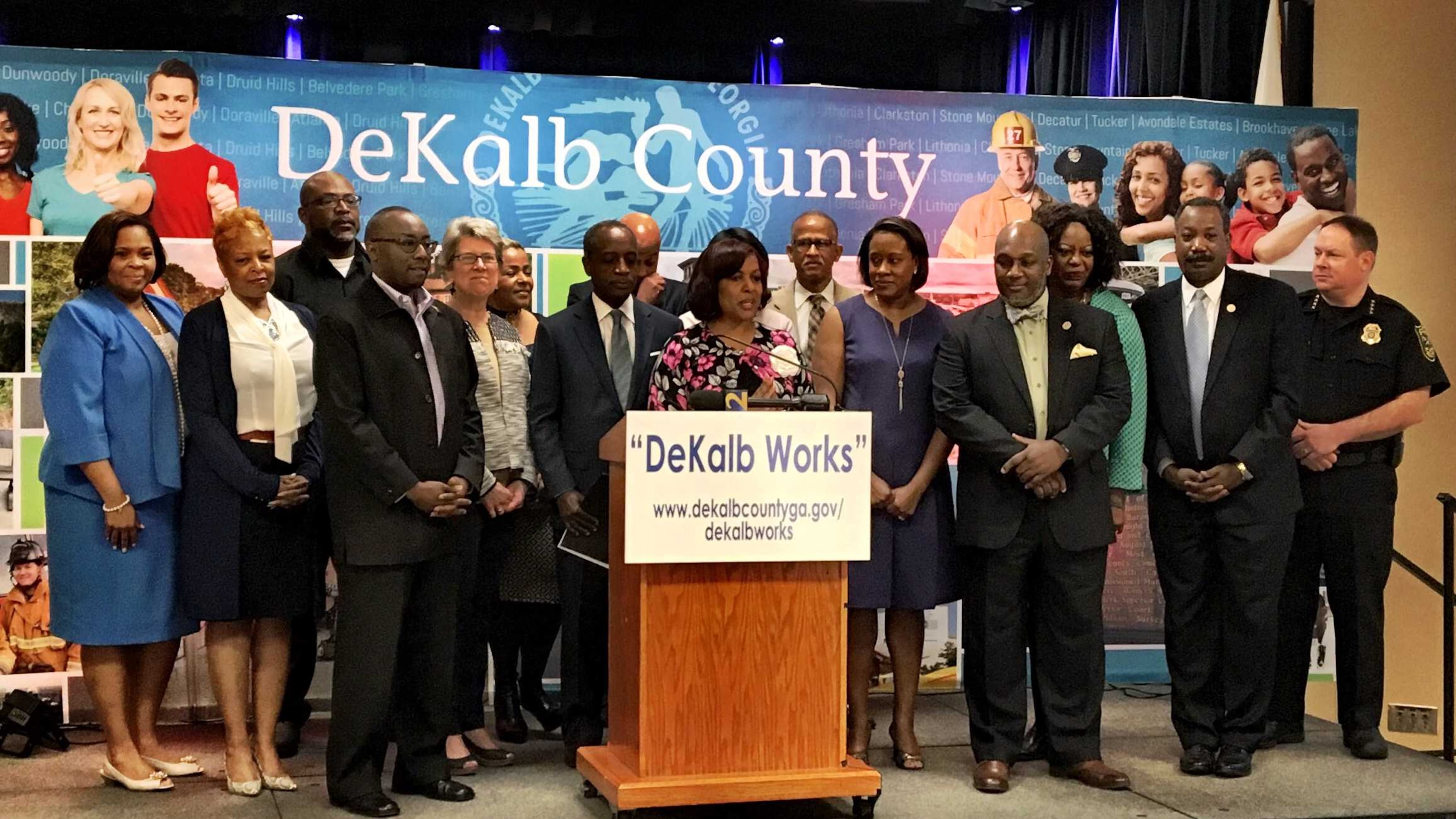 Sheryl Stone, director of WorkSource DeKalb, speaks during the launch of DeKalb Works on Wednesday at Maloof Auditorium in Decatur. MARK NIESSE / MARK.NIESSE@AJC.COM