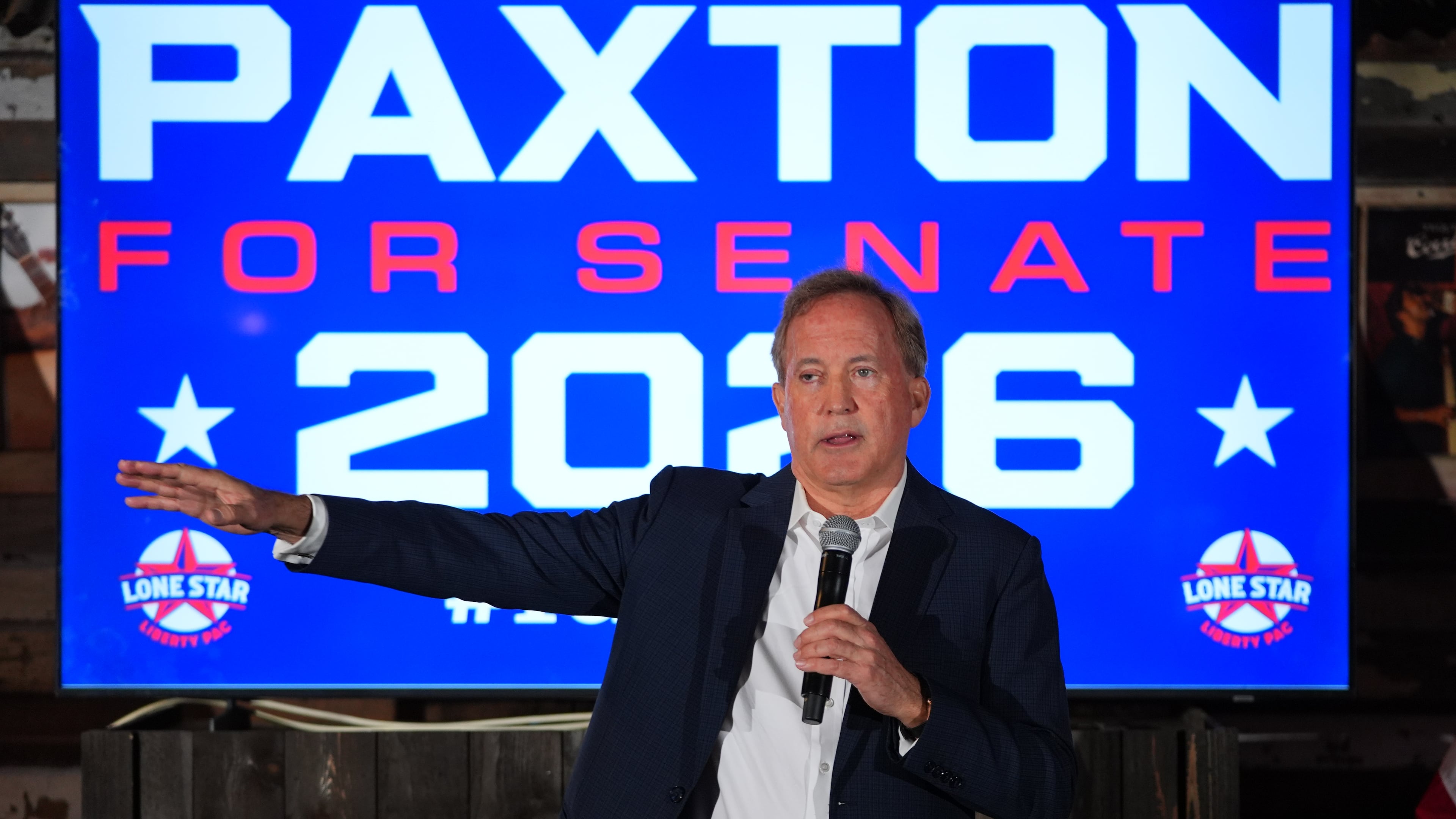 Texas Attorney General Ken Paxton, a Republican candidate for the U.S. Senate, speaks to supporters at a campaign event in McKinney, Texas, Tuesday, May 19, 2026. (AP Photo/LM Otero)