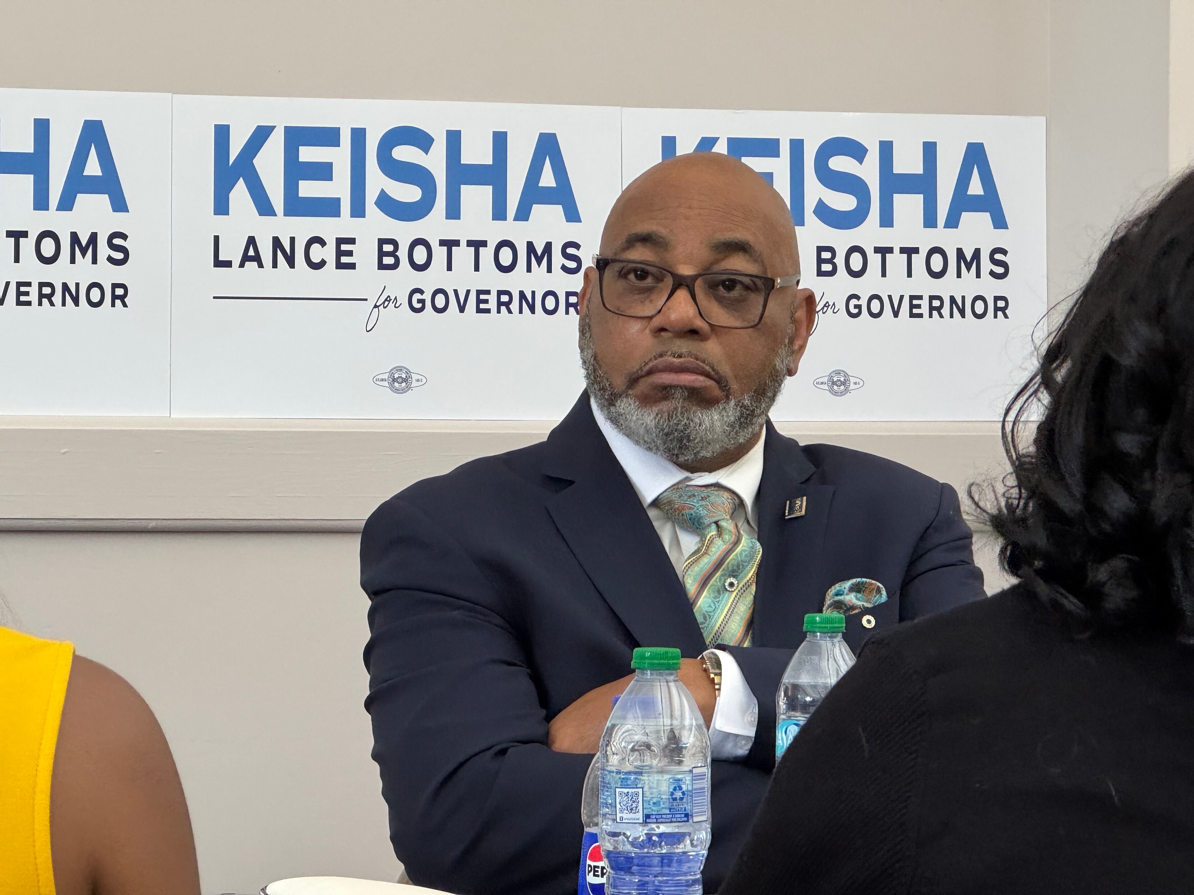 Everett Kelley, president of the American Federation of Government Employees, listened during an event hosted by former Atlanta Mayor Keisha Lance Bottoms on Thursday in Clarkston.