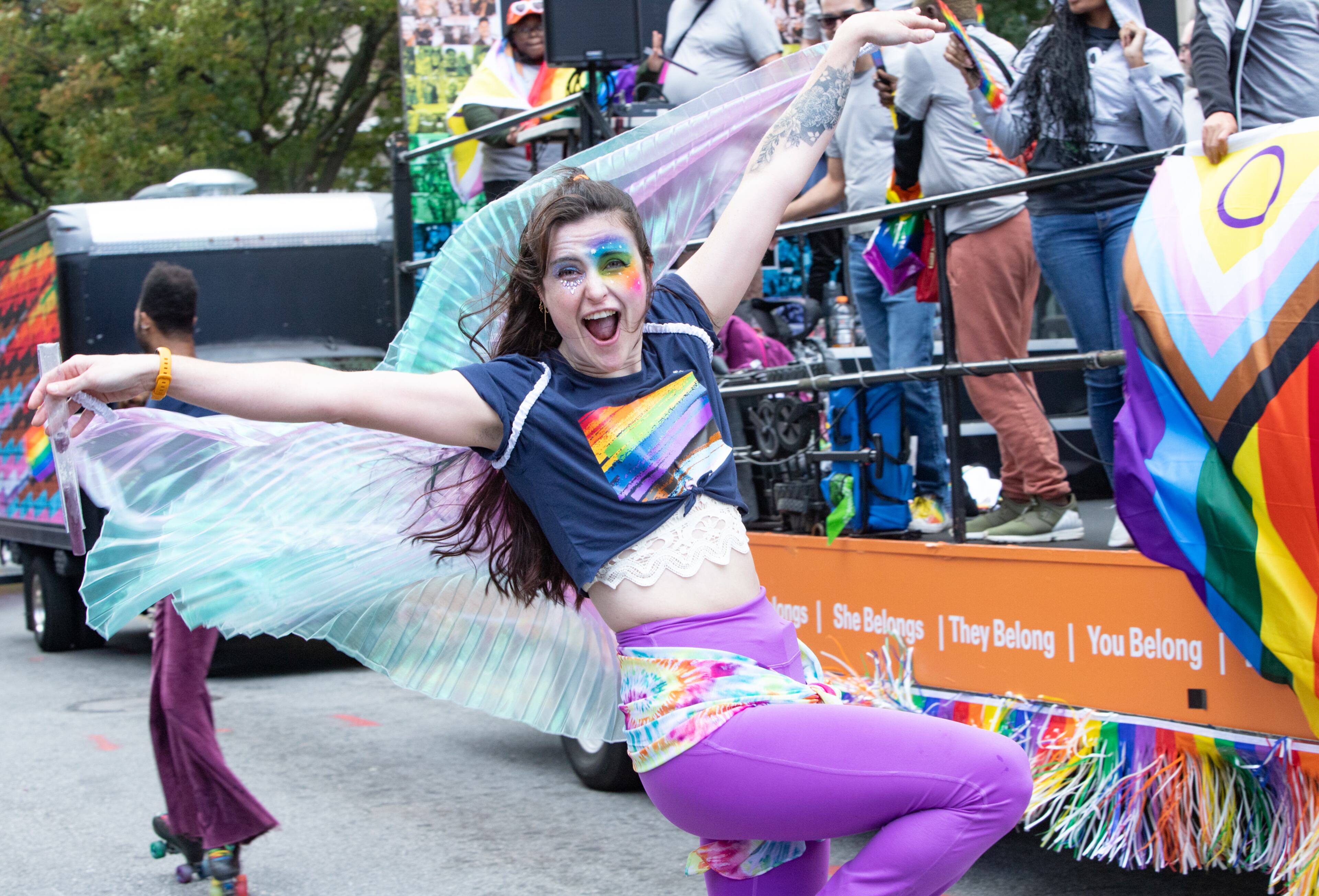 Amanda Rowe roller skates up Peachtree Street during the annual Pride Parade in Atlanta on Sunday, Oct 15, 2023. (Jenni Girtman for The Atlanta Journal-Constitution)