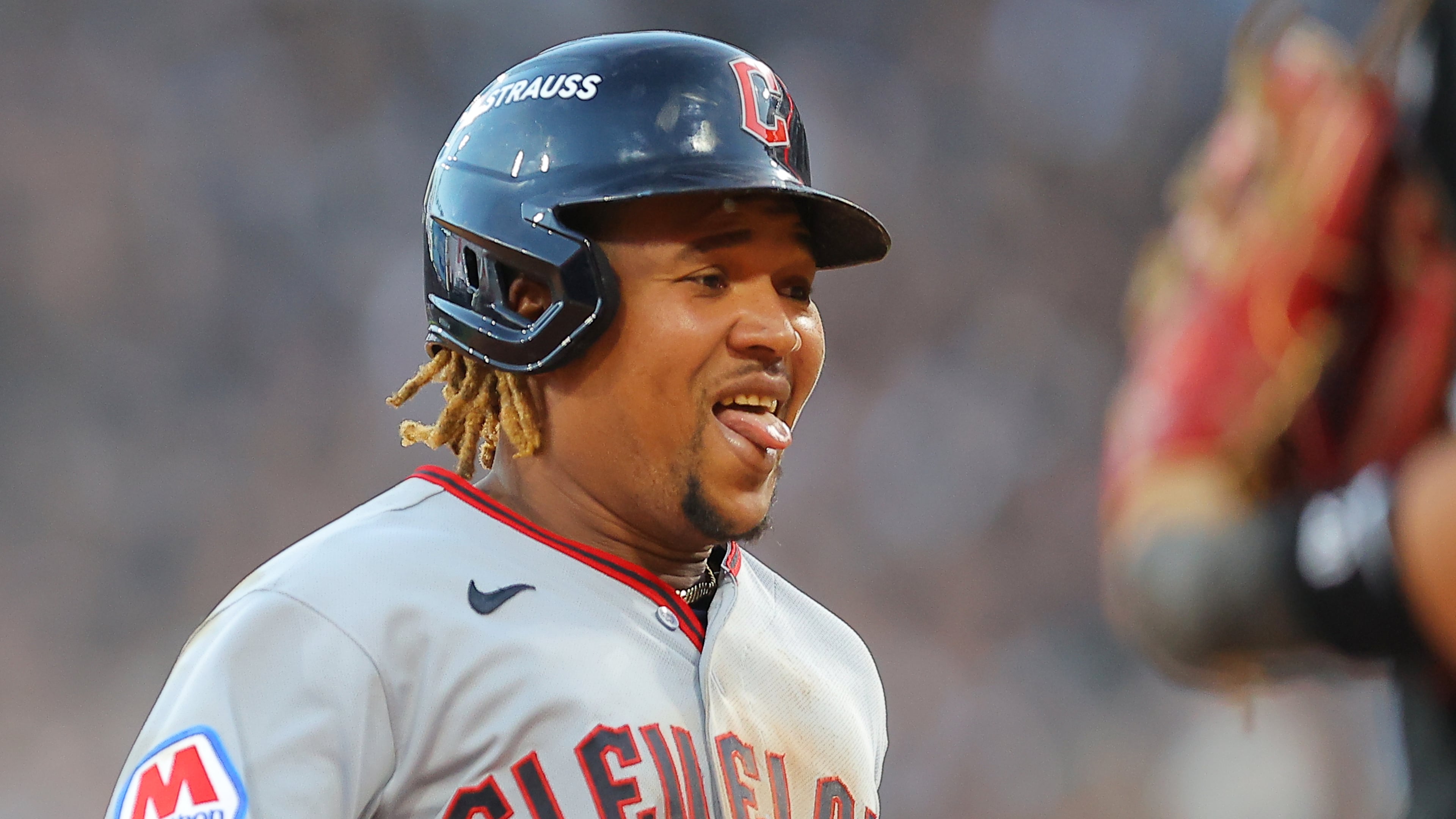 Cleveland Guardians' José Ramírez reacts after hitting a two-run triple against Chicago White Sox pitcher David Sandlin during the eighth inning in Game 3 of baseball's American League Division Series Wednesday, Oct. 7, 2026, in Chicago. (AP Photo/Melissa Tamez)