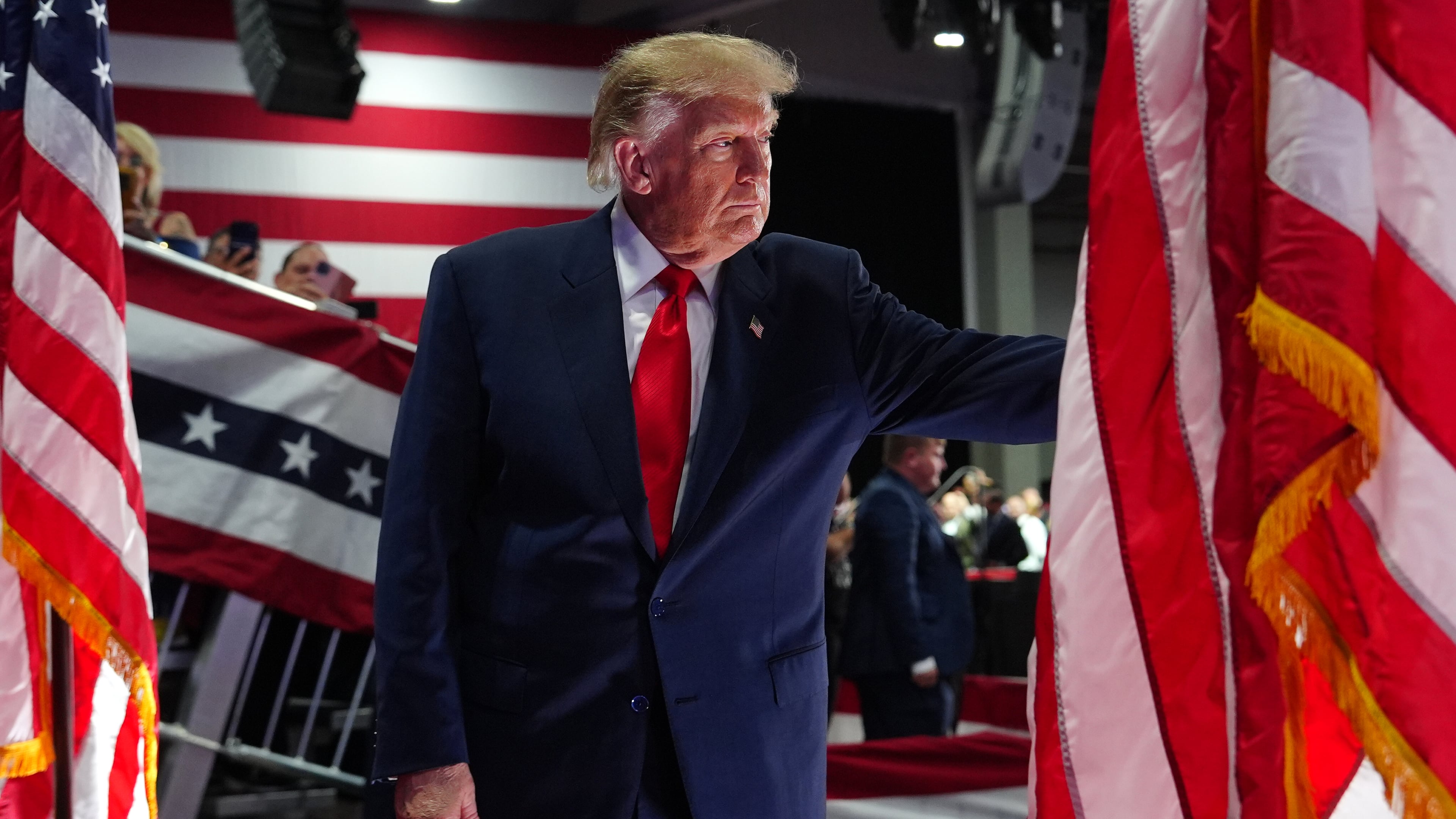 President Donald Trump departs a campaign rally at the Oncenter, Friday, Oct. 9, 2026, in Syracuse, N.Y. (AP Photo/Julia Demaree Nikhinson)