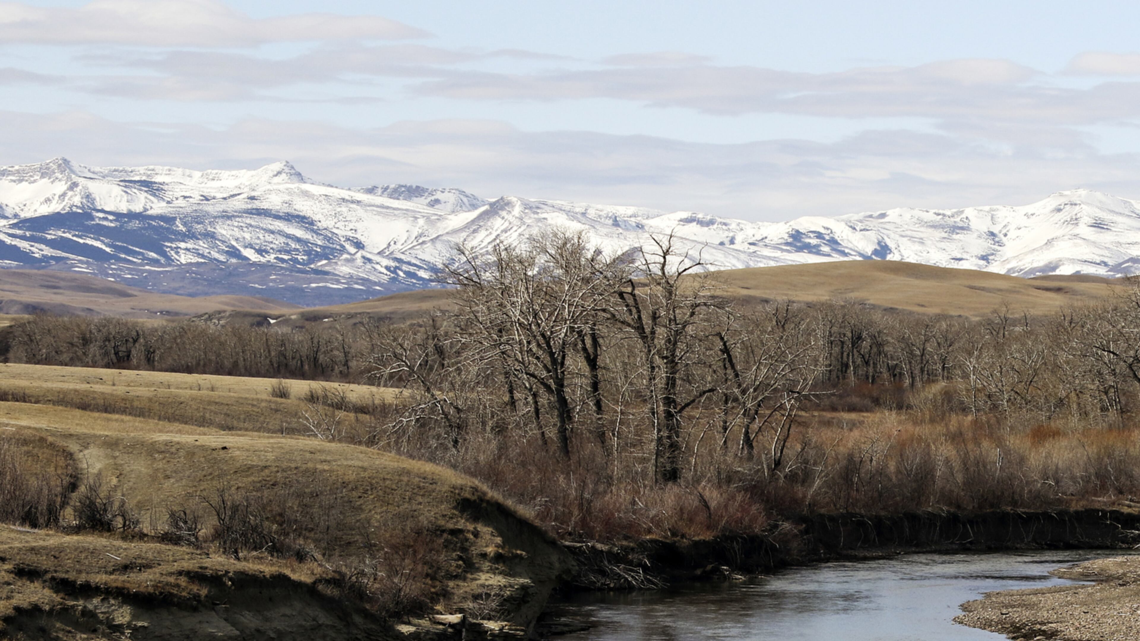 In a March 27, 2016 photo, snow-capped peaks in the Badger-Two Medicine portion of the Lewis and Clark National Forest rise above the Two Medicine River as it flows through the Blackfeet Indian Reservation near Browning, Mont. U.S. Interior Secretary Ryan Zinke, a rumored candidate for U.S. Senate in 2018 or governor in 2020, appears to be carving out an exception for Montana from Trump's agenda to open more public lands to natural resources development. (Greg Lindstrom/Flathead Beacon via AP)