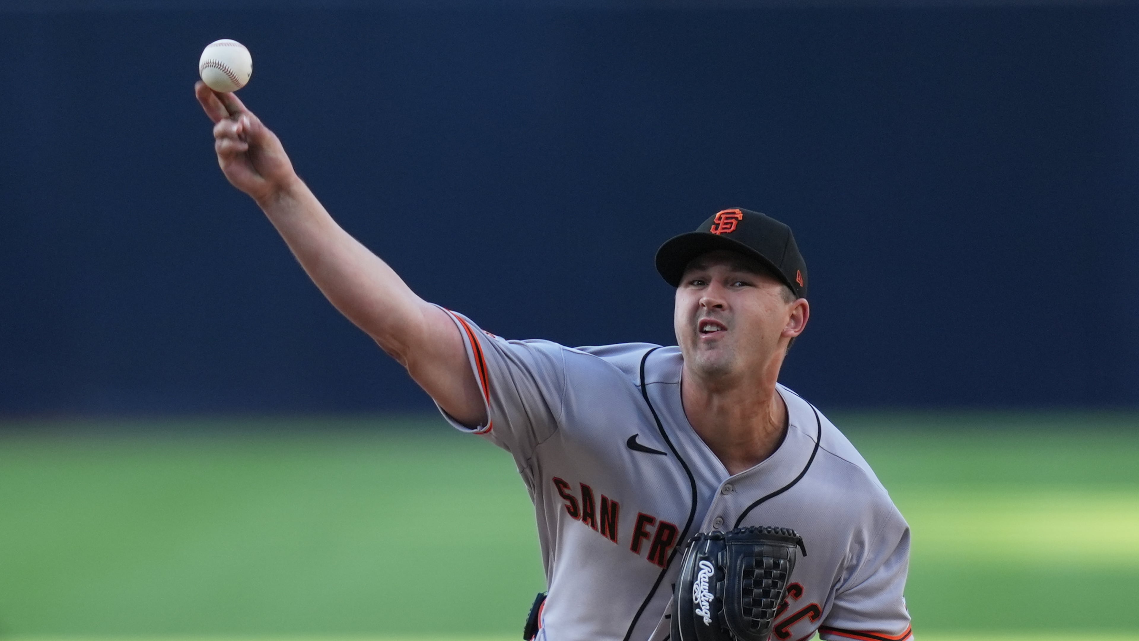 San Francisco Giants starting pitcher Tyler Mahle works against a San Diego Padres batter during the second inning of a baseball game Saturday, Aug. 1, 2026, in San Diego. (AP Photo/Gregory Bull)