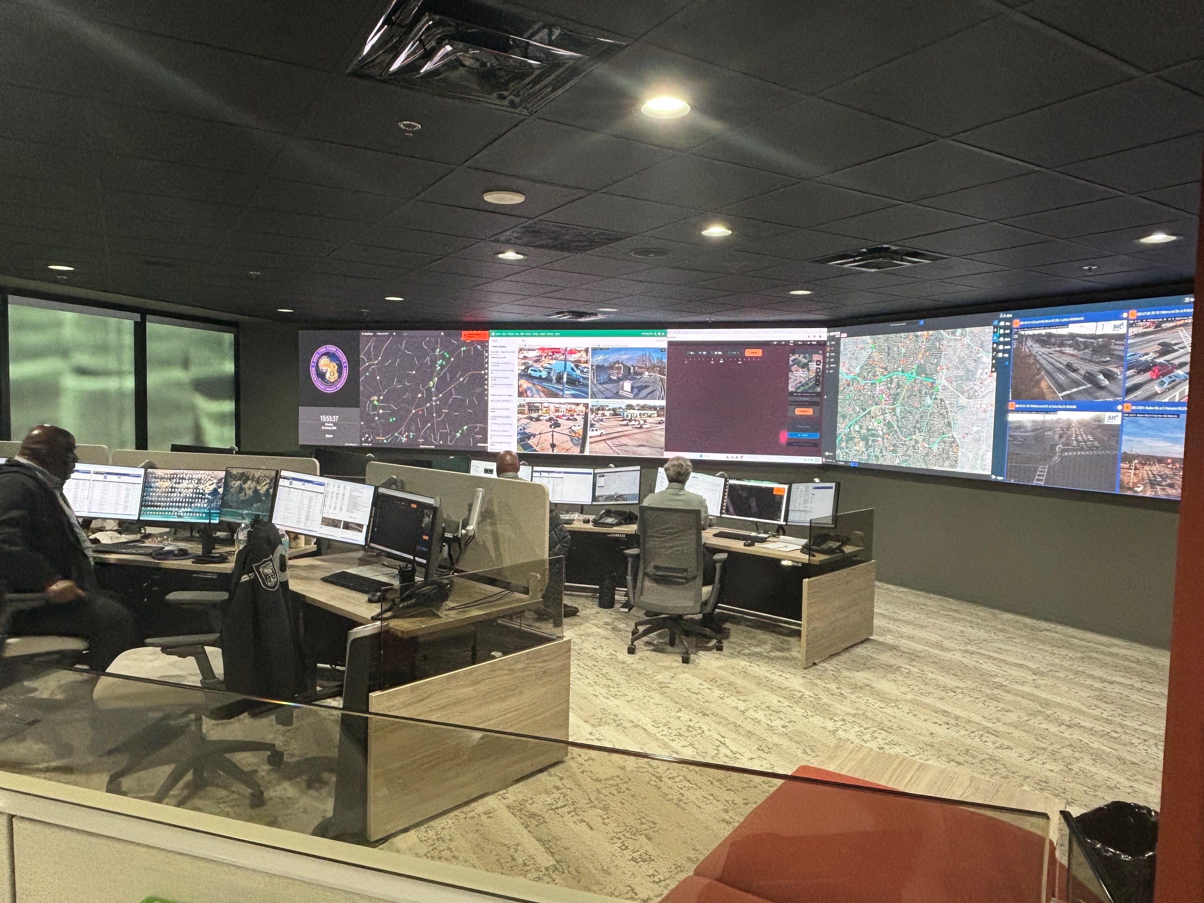 The Real Time Crime Center is seen from inside DeKalb County police headquarters Monday afternoon. (David Aaro/AJC)