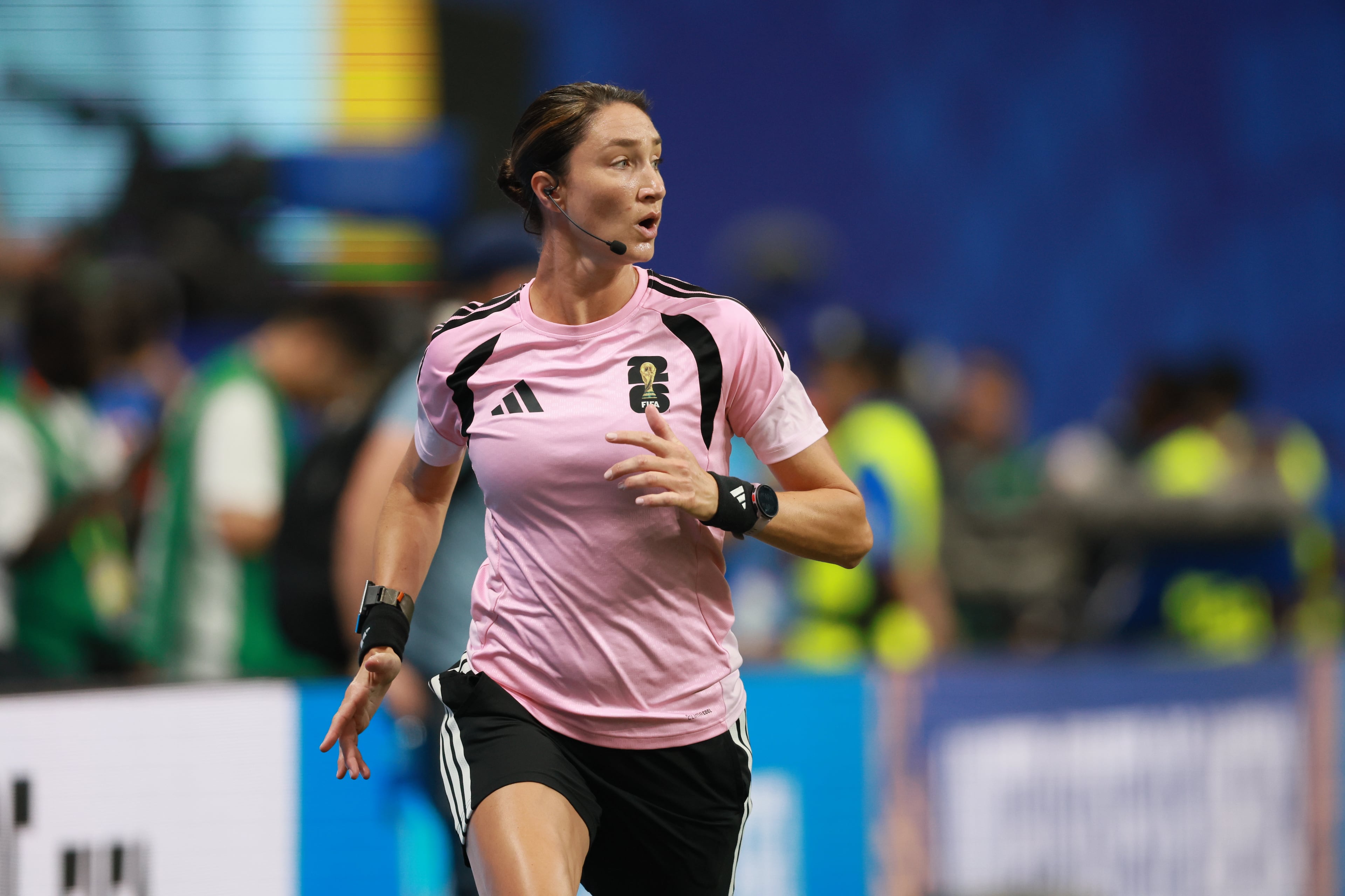 Referee Kathryn Nesbitt, part of an all-female referee crew, warms up before the Czechia vs. South Africa World Cup match at Atlanta Stadium on Thursday, June 18, 2026. (Jason Getz/AJC)