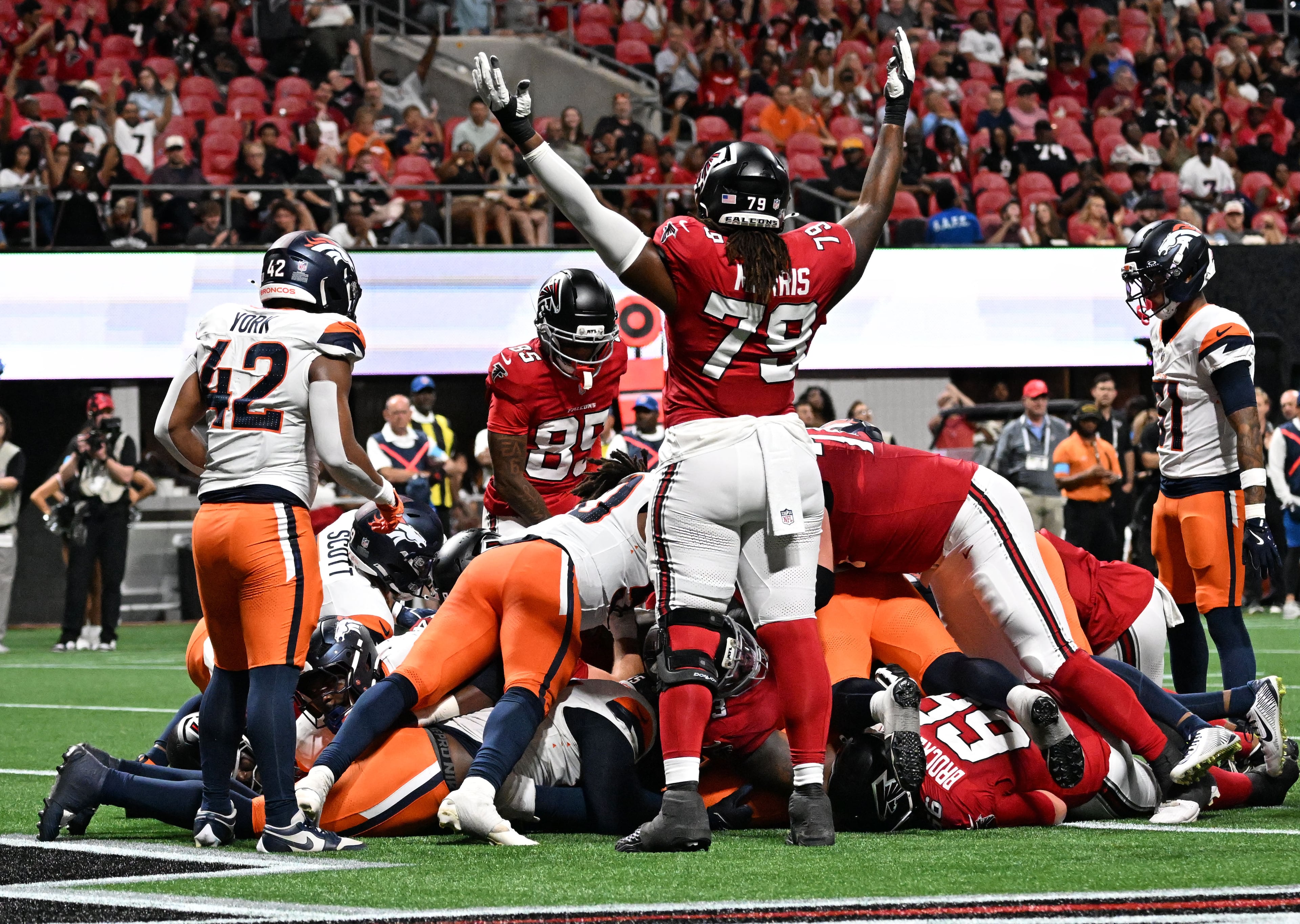 Falcons running back Tyler Goodson (not pictured) scores a touchdown against the Denver Broncos during the second half of their game at Mercedes-Benz Stadium on Friday, Aug. 14, 2026, in Atlanta. (Hyosub Shin/AJC)