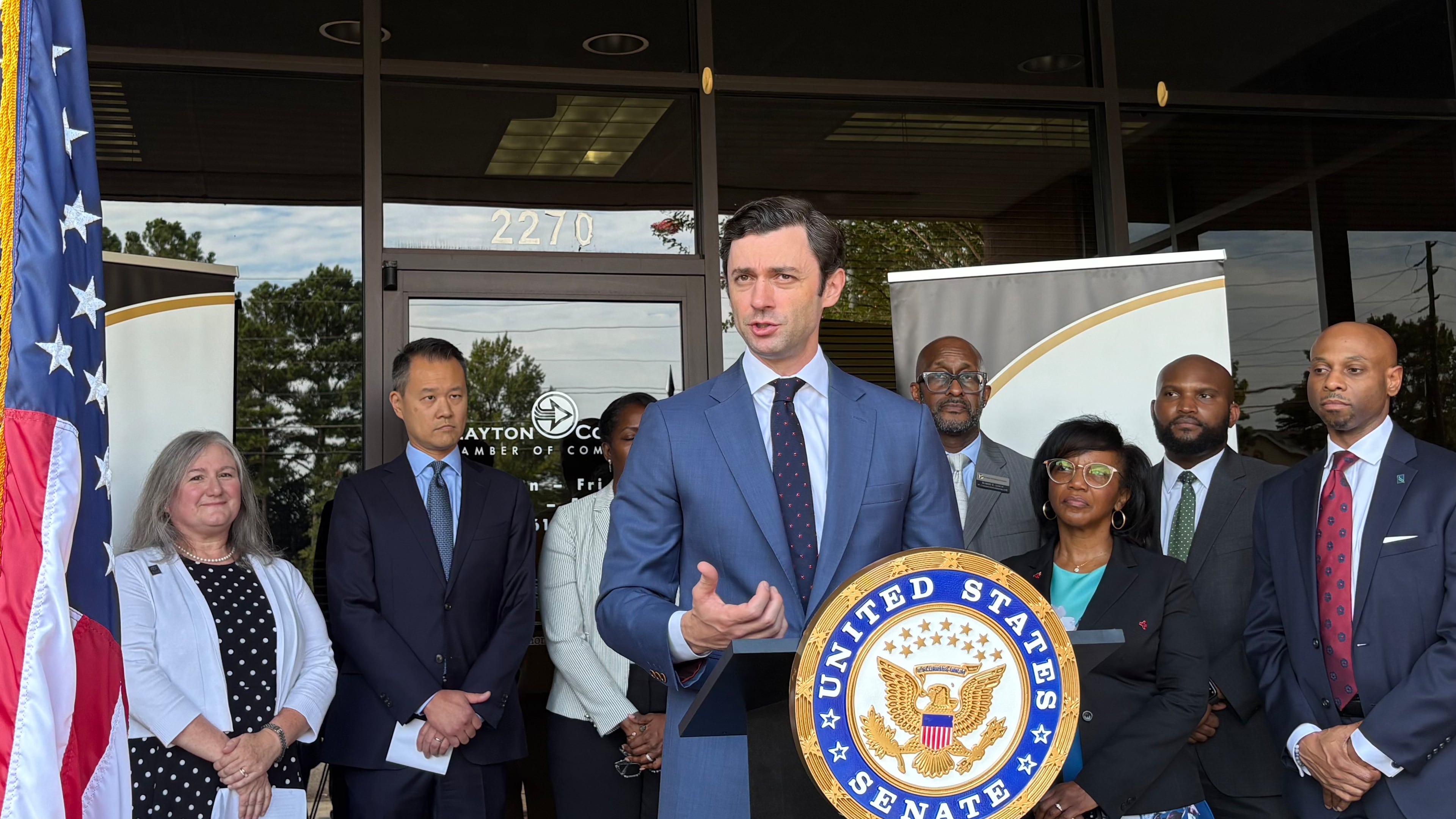 U.S. Sen. Jon Ossoff held a press conference at the Clayton County Chamber of Commerce on Thursday, Aug. 21, 2025, to introduce the Skilled Workforce Act, a bill focused on increasing corporate investment in equipping technical schools and community colleges through tax credits. (Zachary Hansen/AJC)