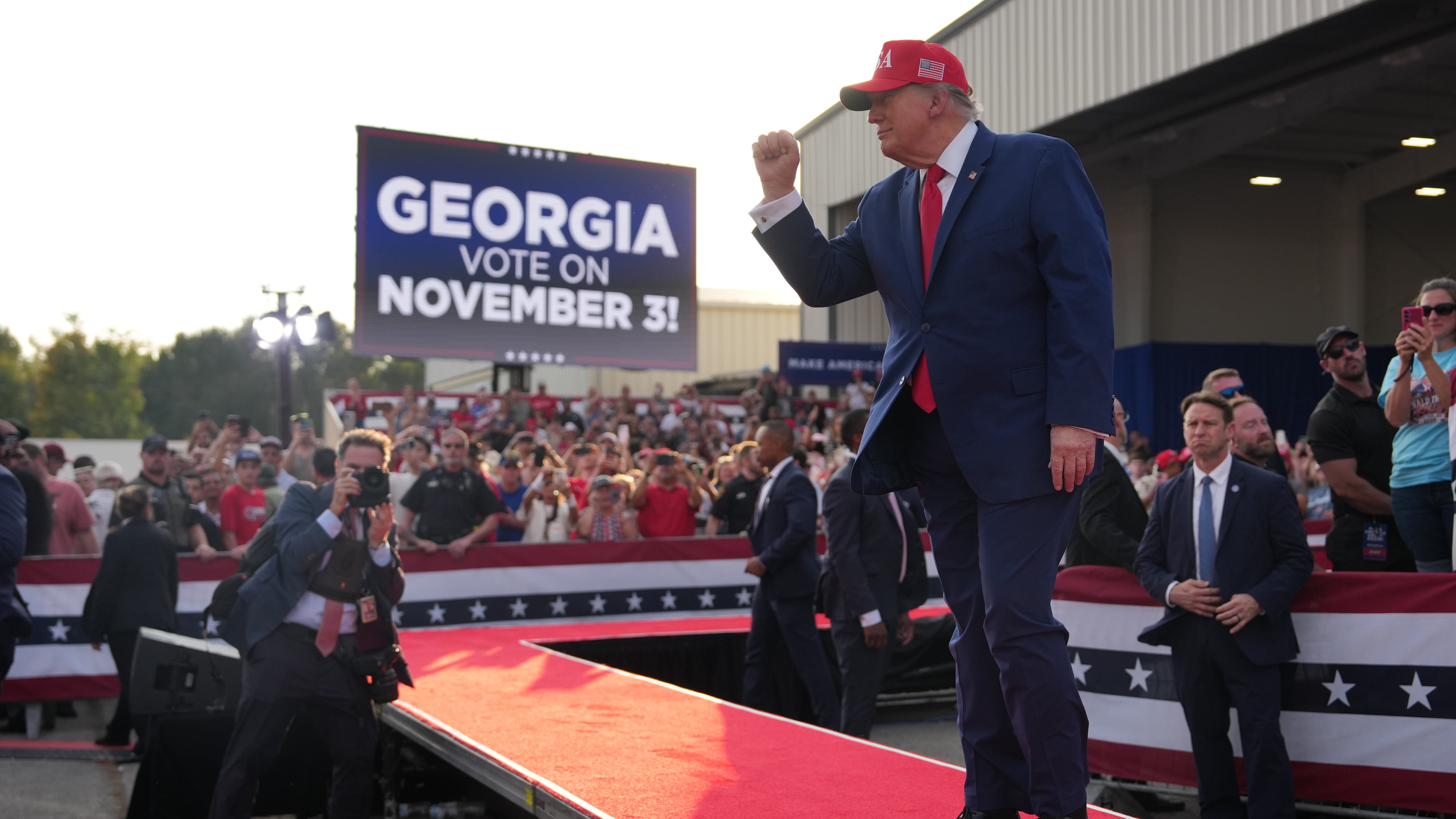 President Donald Trump gestures at a campaign rally at Dalton Municipal Airport, Friday, Oct. 16, 2026, in Dalton, Ga. (Mark Schiefelbein/AP)