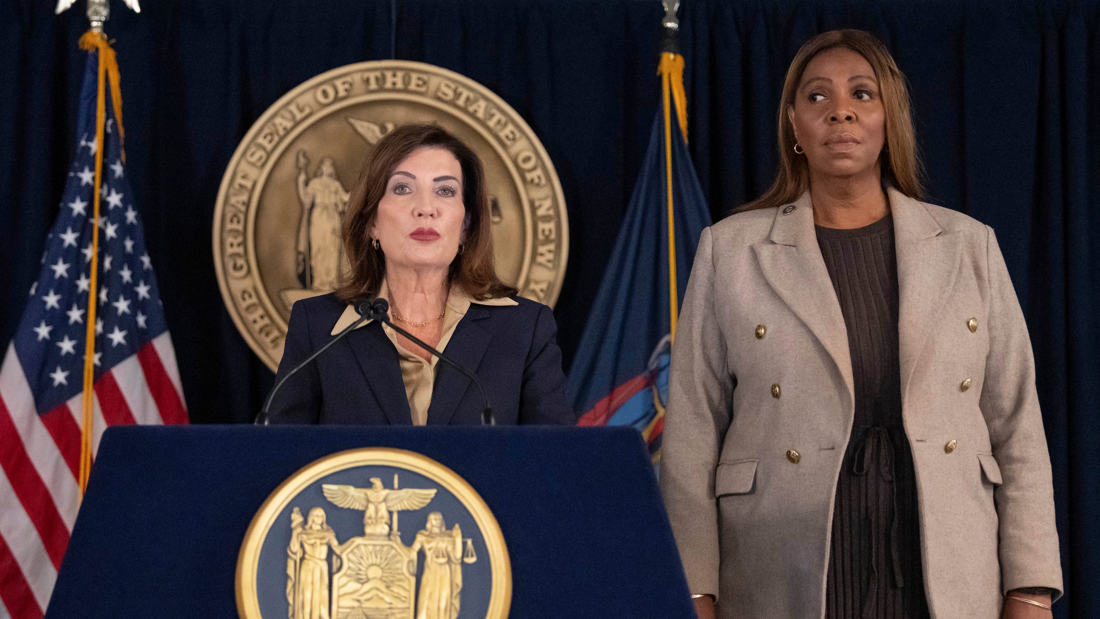 New York Governor Kathy Hochul speaks during a news conference with New York Attorney General Letitia James, Friday, Oct. 2, 2026, in New York. (AP Photo/Yuki Iwamura)