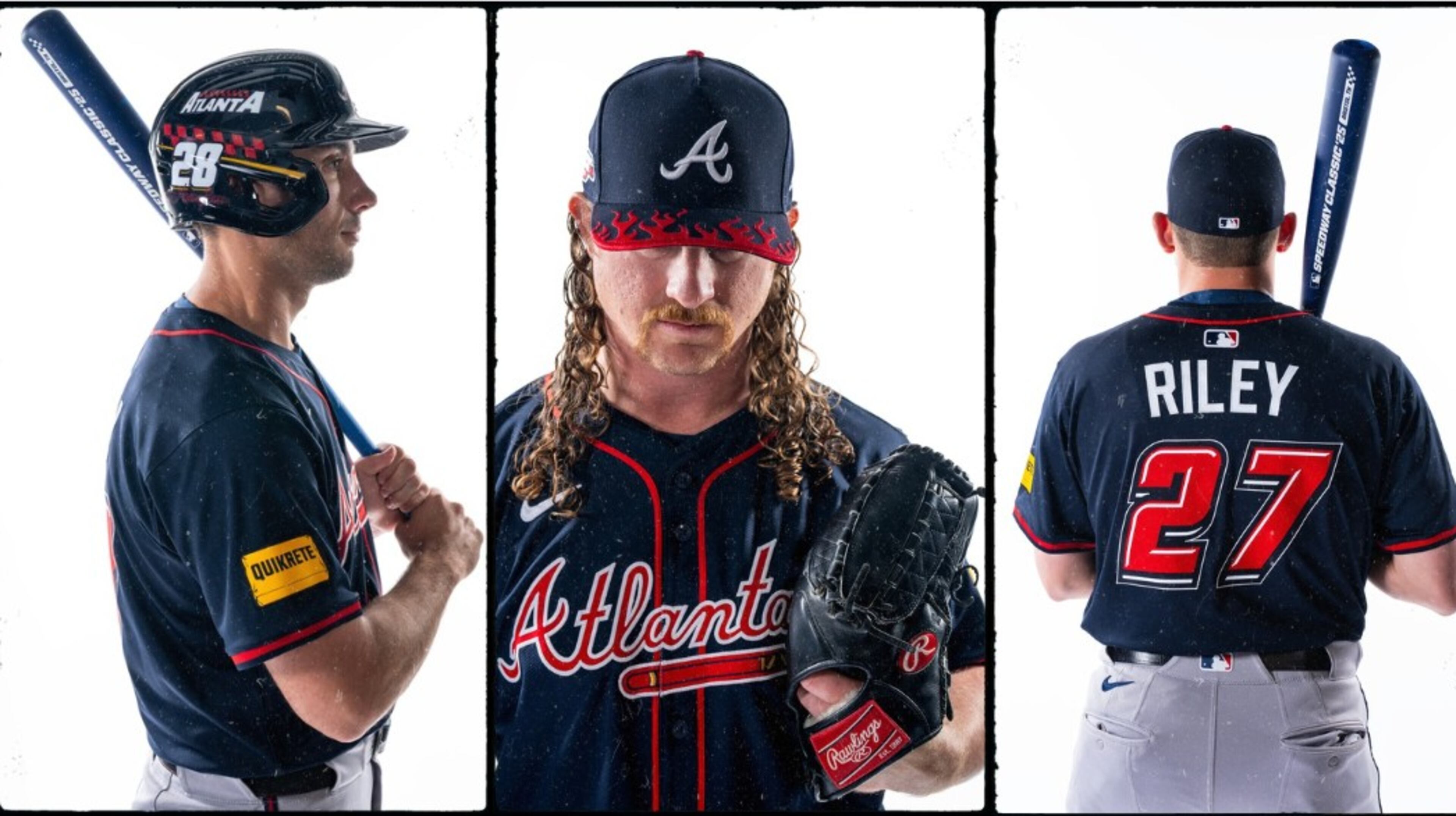 From left, Braves players Matt Olson, Grant Holmes and Austin Riley model the custom uniforms they'll wear during the Aug. 2 Speedway Classic game at Bristol Motor Speedway in Tennessee. (Daniel Shirey/MLB Photos via Getty Images)