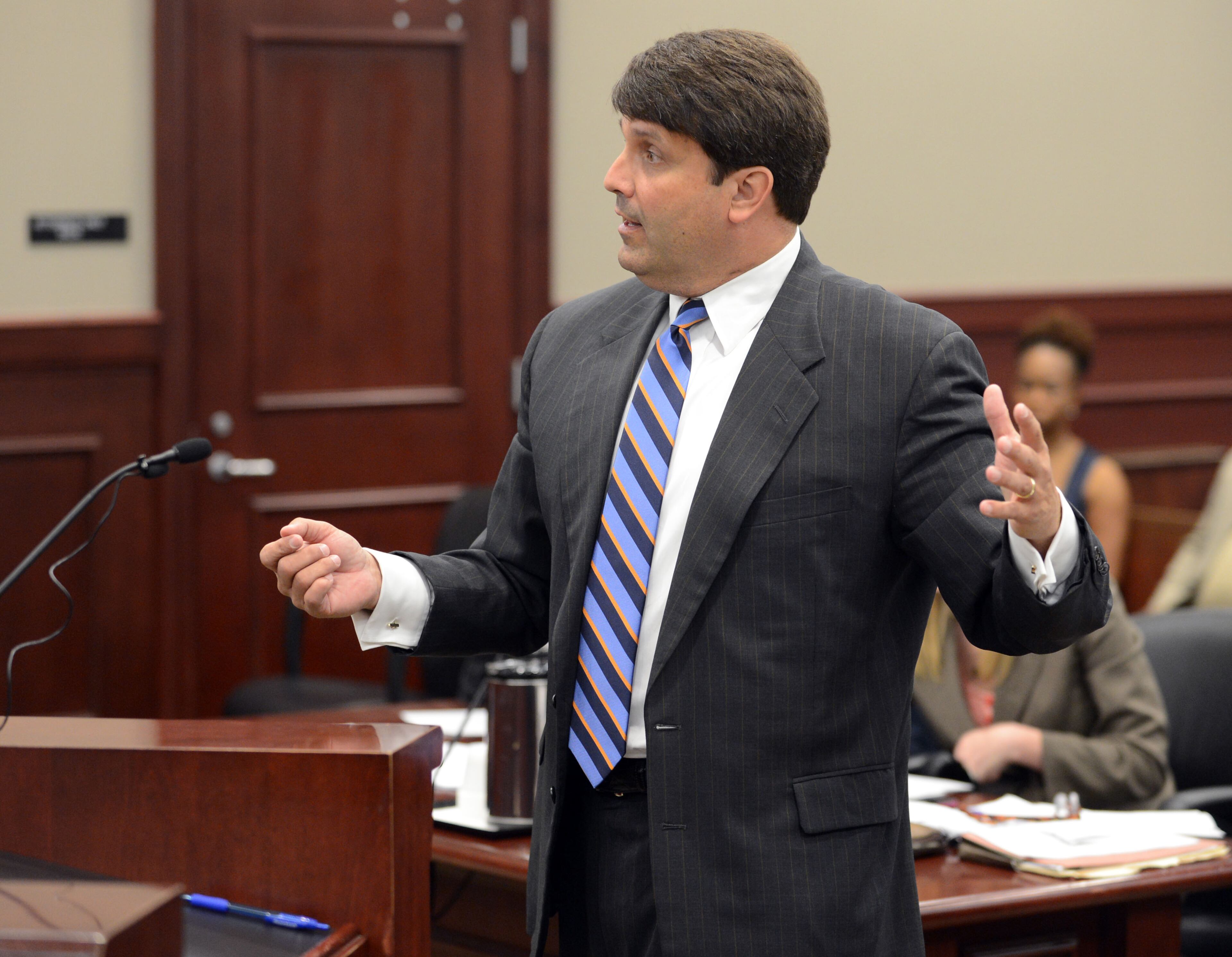 JUNE 21, 2013 JONESBORO Defense attorney Steven Frey presents arguments before Clayton County Superior Court Judge Albert Collier as he presides over a hearing in the case against Clayton County Sheriff Victor Hill Friday June 21, 2013. Judge Collier set August 5, m2013 as the start of the trial with 350 potential jurors to show up on that date. He also denied a defense motion to force Clayton County District Attorney Tracy Graham Lawson to recuse herself from prosecuting the case. She had not officially recused herself although she has asked Alchovy DA Layla Zon to be the state's lead prosecutor on the case. KENT D. JOHNSON/KDJOHNSON@AJC.COM