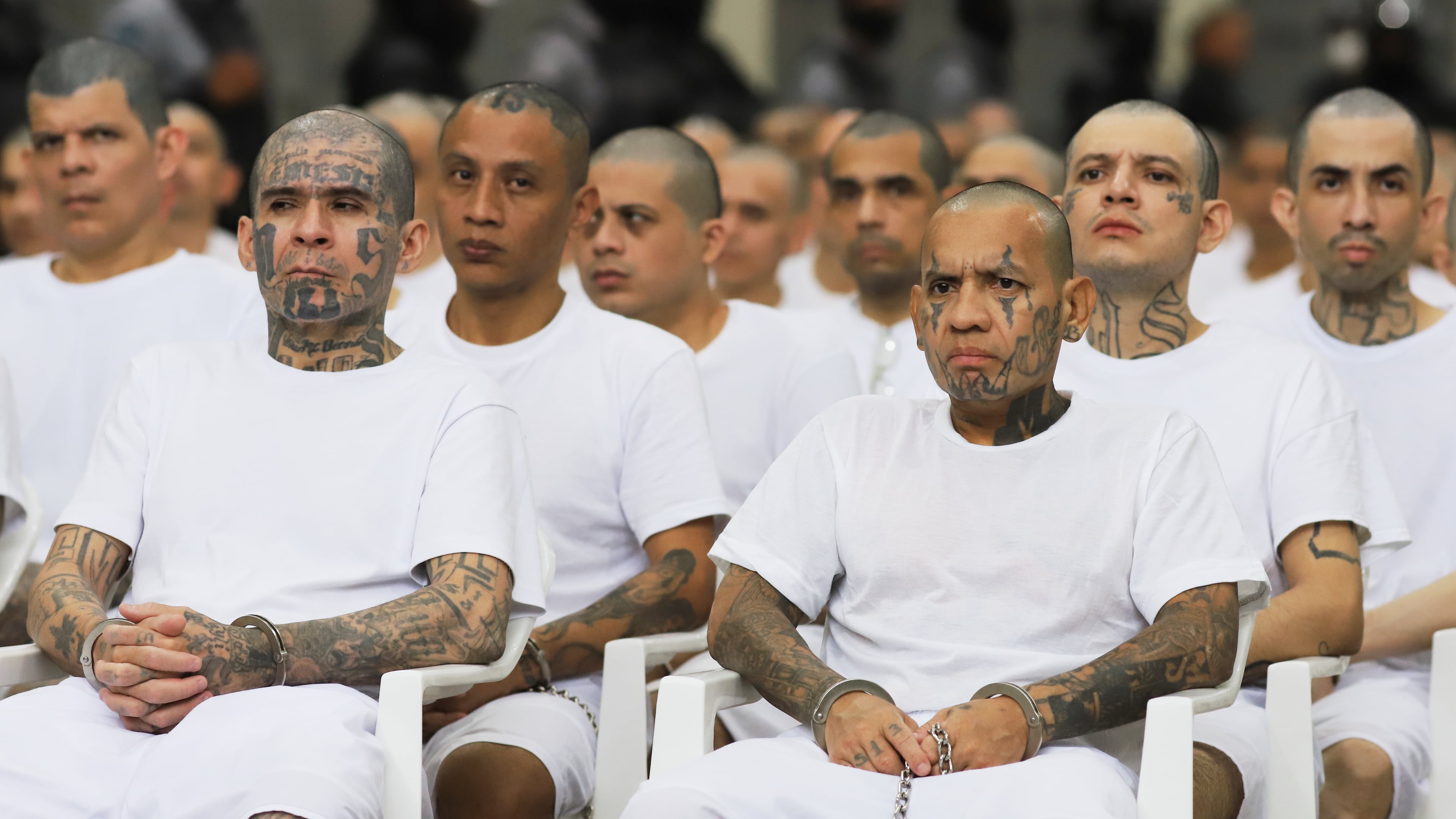 FILE - Alleged gang members take part in a mass trial at the Terrorism Confinement Center (CECOT) in Tecoluca, El Salvador, April 23, 2026. (AP Photo/Salvador Melendez, File)