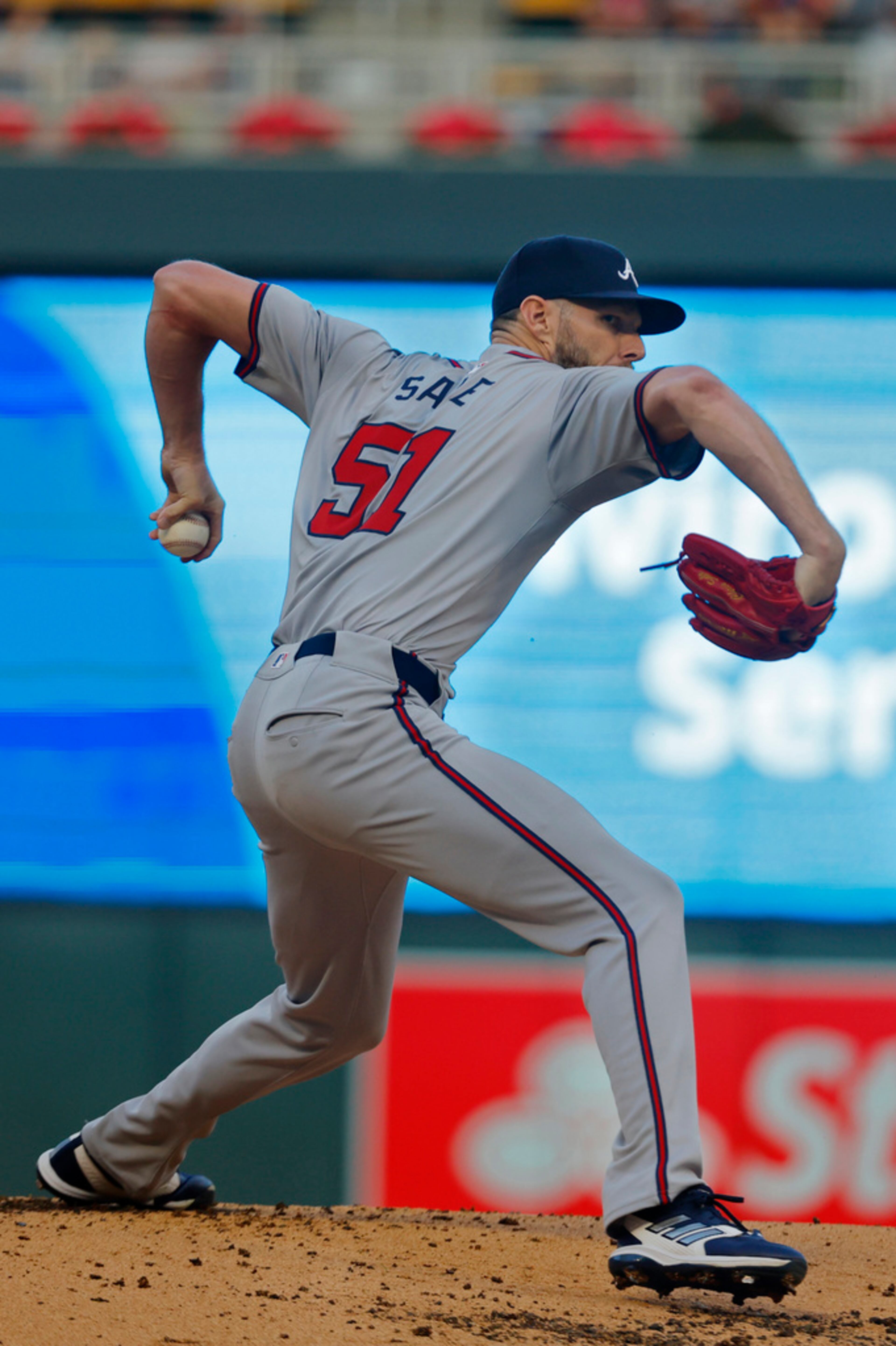 Atlanta Braves starting pitcher Chris Sale throws to the Minnesota Twins in the first inning of a baseball game Wednesday, Aug. 28, 2024, in Minneapolis. (AP Photo/Bruce Kluckhohn)
