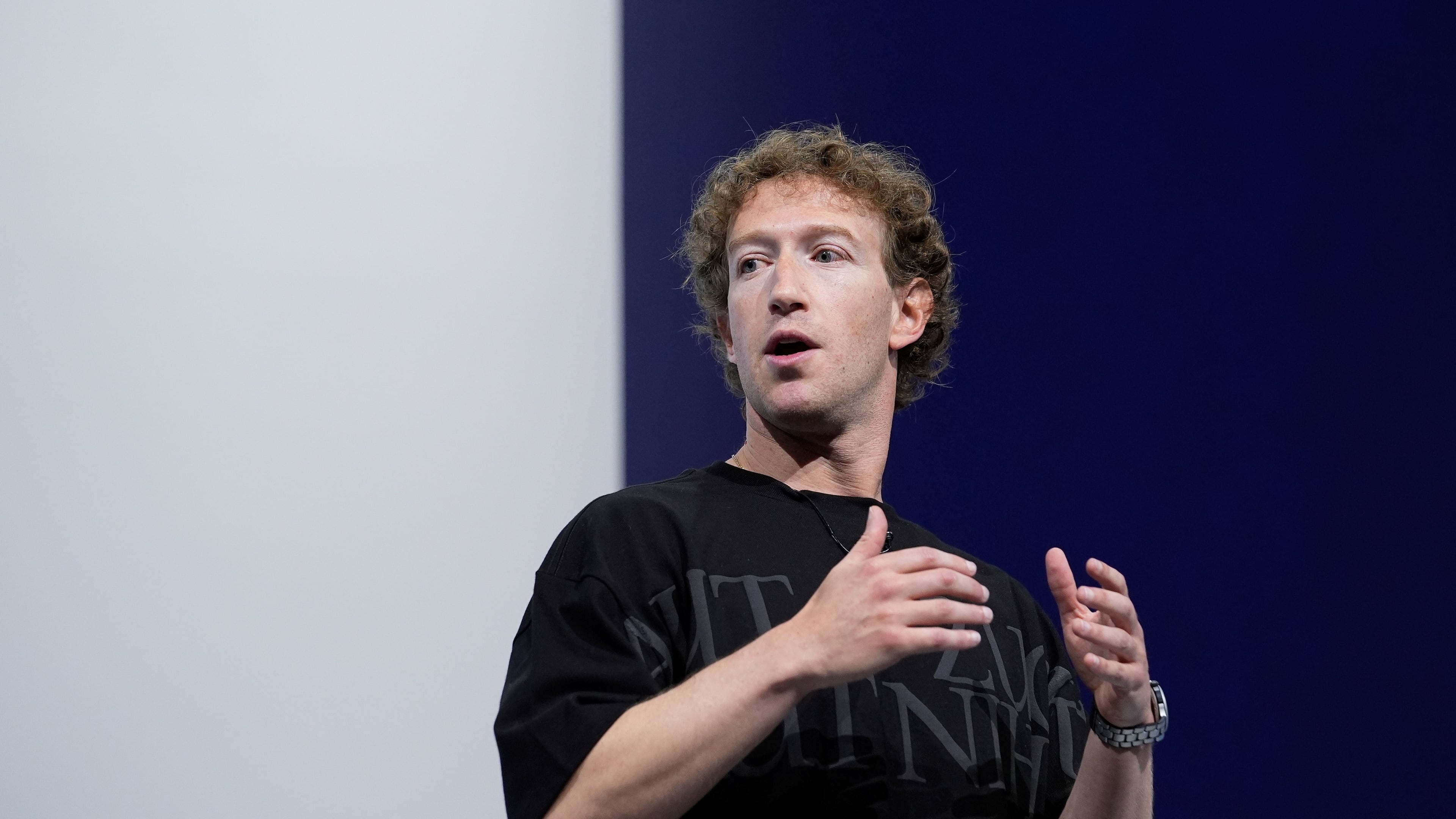 FILE - Mark Zuckerberg talks about the Orion AR glasses during the Meta Connect conference on Sept. 25, 2024, in Menlo Park, Calif. (AP Photo/Godofredo A. Vasquez, File)